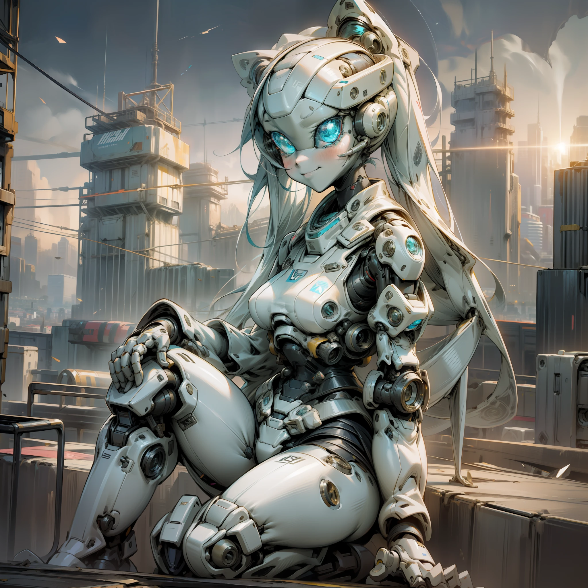 Beautiful and detailed image, drossel, twintail, boots, woman, robot, smile, blue eyes, looking at the viewer, small breasts, 4k, masterpiece, best quality, solo, single character, high detail, (no mouth), big eyes, full-length, future, science fiction, legs, metal hair, huge dump, excavator, grimly, tower, mountains of garbage, wrecked cars, ruined city, sunset, evening, city ruins, anime character,  Android, Robot, SFW, Starry Sky, Human Height, Flooded City, Construction Crane, Legs Spread, Cyberpunk 2077, Neon, Sandstorm