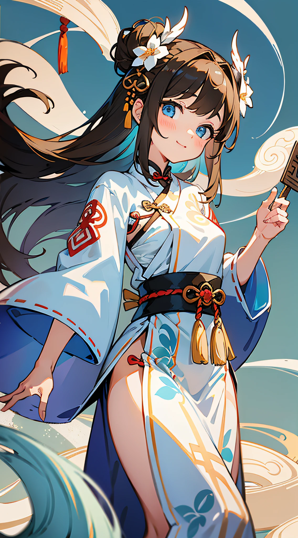 Masterpiece, super-high-resolution, cute girl, half-body, Chinese ancient style, short brown hair, white Hanfu, dynamic posture, flowing long hair, flower embellishment, blue eyes, hairpin, cute little , cute cute cute, thick paint, gentle smile