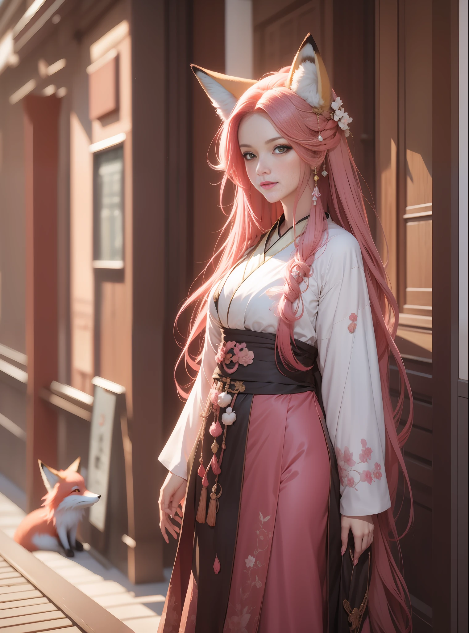 Fox, pink hair, antique,1gril,1fox