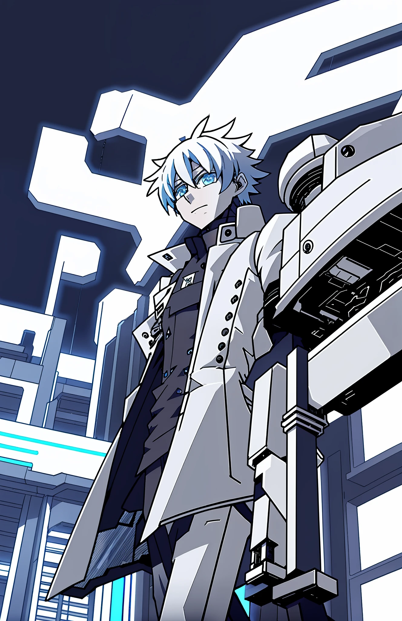 anime character in white coat standing in front of a futuristic building, modern mecha anime, katekyo hitman reborn, key anime art, hd artwork, anime concept hdr anime macmanus, modern sci-fi anime, sharp high quality anime, tall anime guy with blue eyes, inafune design, guilty gear art style, key art anime sharp focus, official art