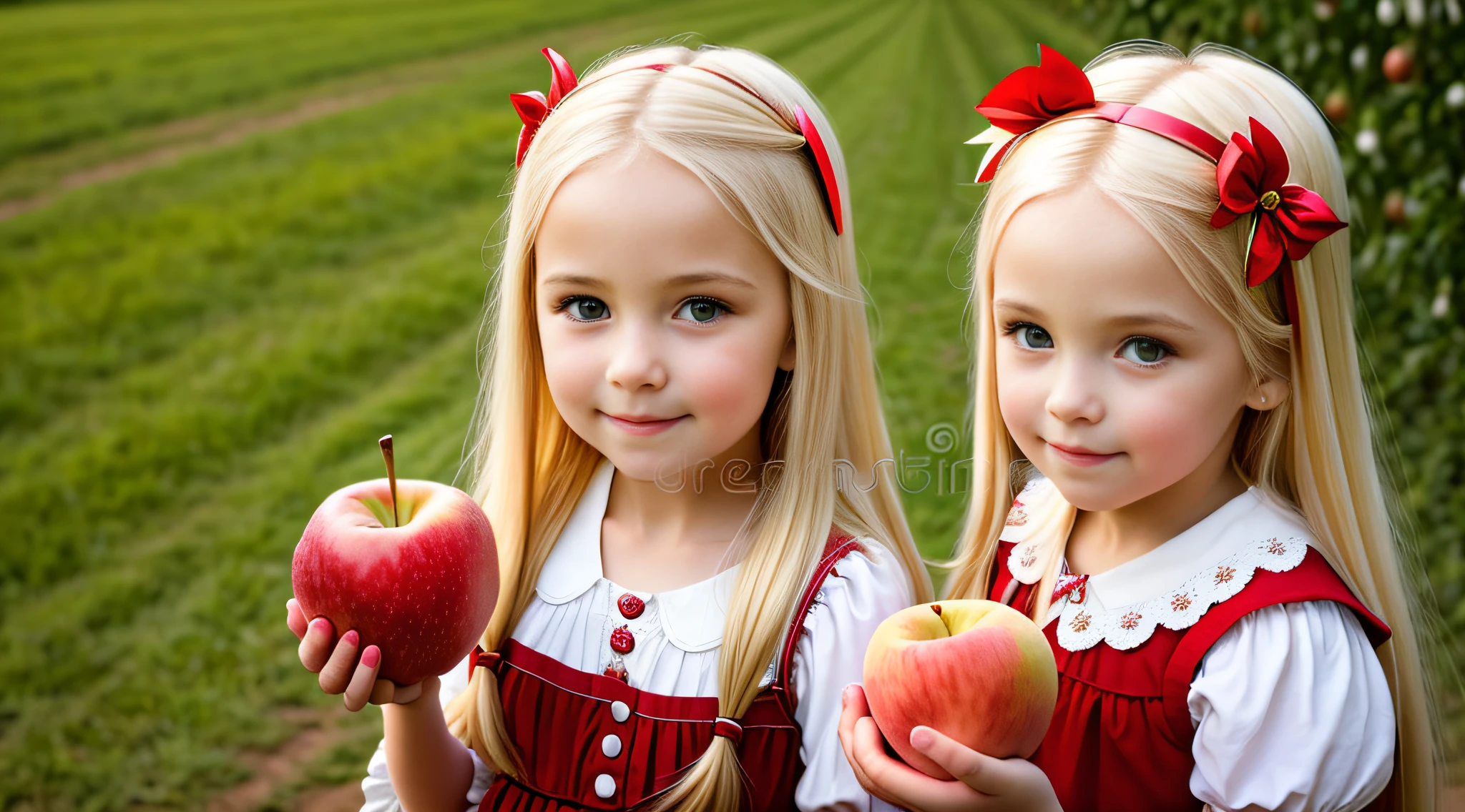there is a girl BLONDE LONG STRAIGHT HAIR, holding two apples in her hands, holding an apple, with apple, portrait of snow white, snow white, one holds apple in hand, red apples, eating rotten fruits, apples, children, istockphoto, photo bank, she is guiding a peach, closeup picture shot, red apple, children, girl, istock, portrait shot