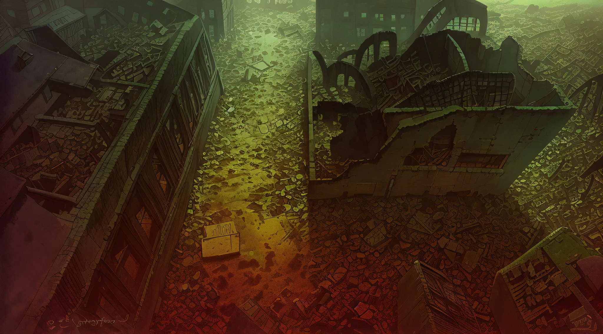 There is a picture of a city with a clock tower in the middle, in a ruined cityscape, destroyed cityscape, outdoor ruined cityscape, a city in ruins in the background, a post-apocalyptic city, a post-apocalyptic view, a destroyed city, an apocalyptic city, a post-apocalyptic city, a ruined city in the background, an abandoned dystopian city, gloomy, night, background fog, fog, dark night, top-down view, looking down from above,