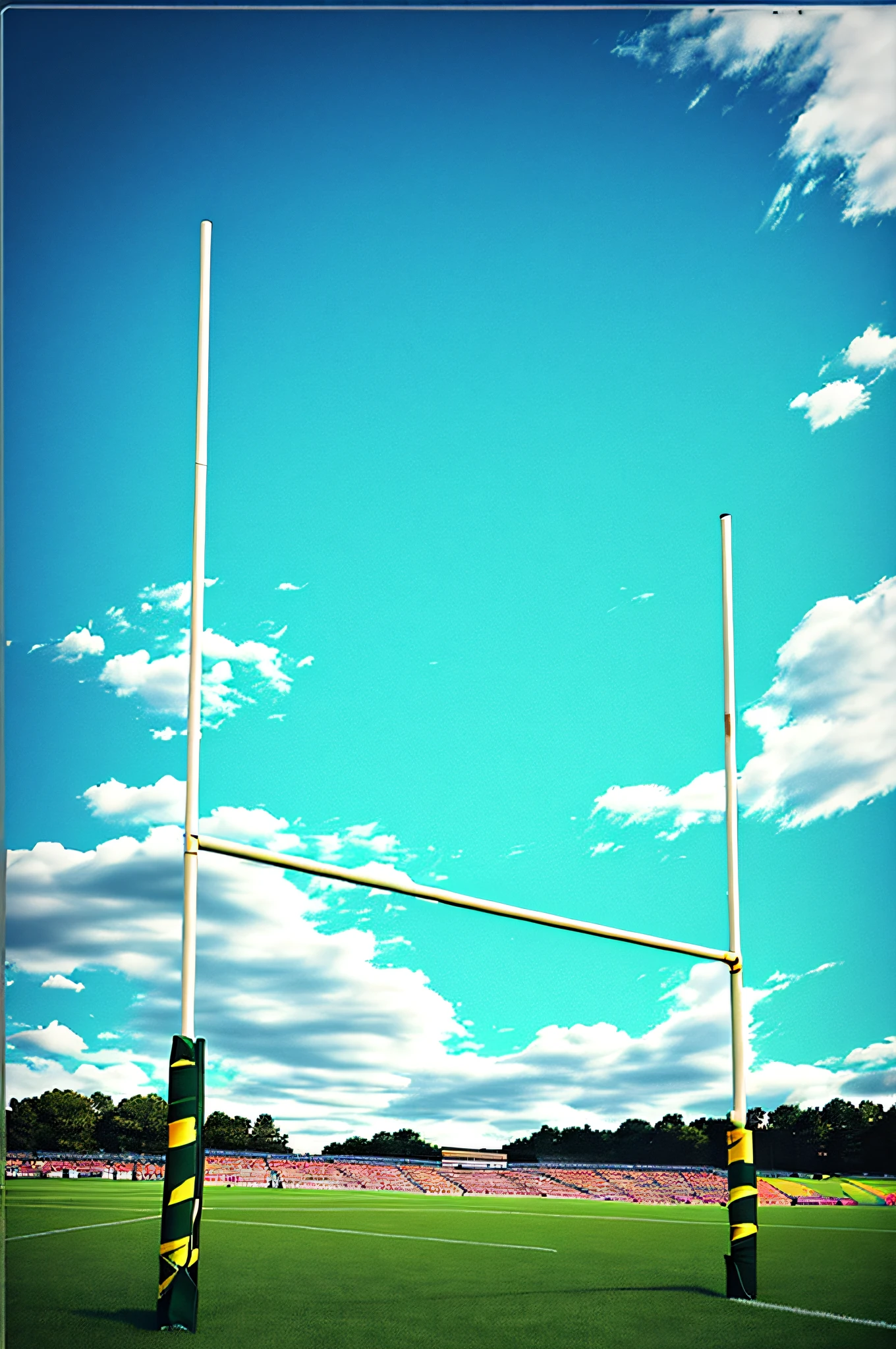 there is a rugby goal post in the middle of a field, interrupting the big game, view from the ground, view from ground, ground view, sports setting, picture taken from the ground, a green, high angle vertical, beautiful high resolution, rectangle, photo taken from the ground, low angle wide shot, viewed from the ground, a tall, set photo