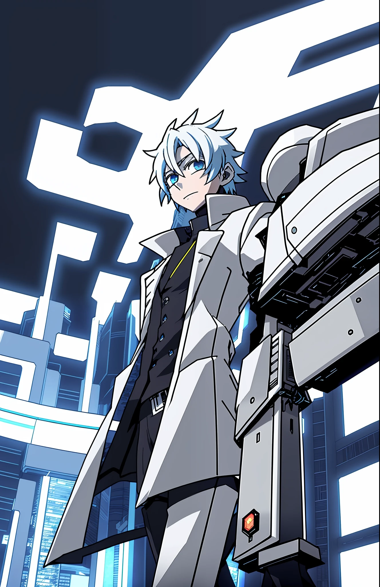 anime character in white coat standing in front of a futuristic building, modern mecha anime, katekyo hitman reborn, key anime art, hd artwork, anime concept hdr anime macmanus, modern sci-fi anime, sharp high quality anime, tall anime guy with blue eyes, inafune design, guilty gear art style, key art anime sharp focus, official art