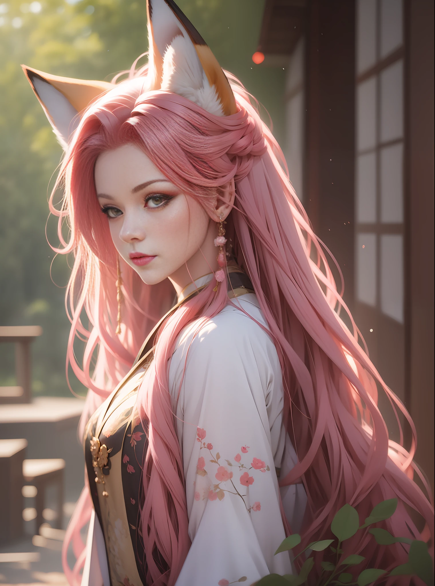 Fox, pink hair, antique,1gril,1fox