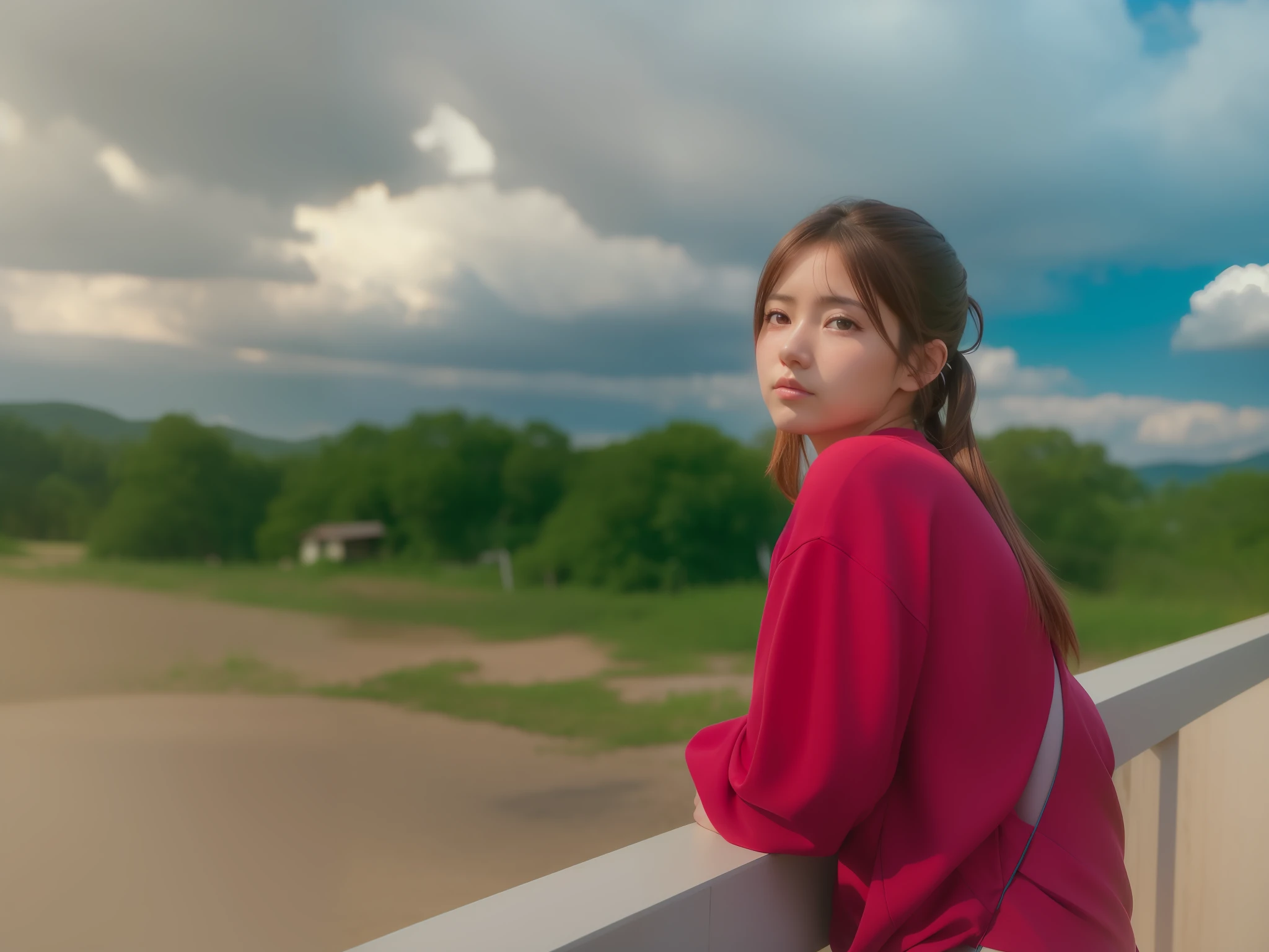masterpiece, best quality,(realistic, photo-realistic:1.37), Suyu, 1girl, breasts, solo, cleavage, looking at viewer, brown hair, ponytail,full shot,expand photo,standing up,sad girl,look at the sky