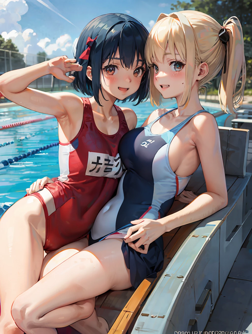 master-piece, hyper quality, hyper detailed, perfect drawing, CG, 3D, 8k, illustration, beautiful face girl, hiten_1, two beautiful girls kissing while pressing their breasts against each other,
Beautiful girl in swimsuit, chubby, plump, blush, sweat, tanned skin, cheeky smile, swimming club, competitive swimsuit, one-piece type swimsuit, sober swimsuit, 15 years old, blue sky, cumulonimbus clouds, brilliant sun, sparkling water surface, school swimsuit, competitive swimming pool, shot from the front diagonally below, bust up, see-through, thin fabric,