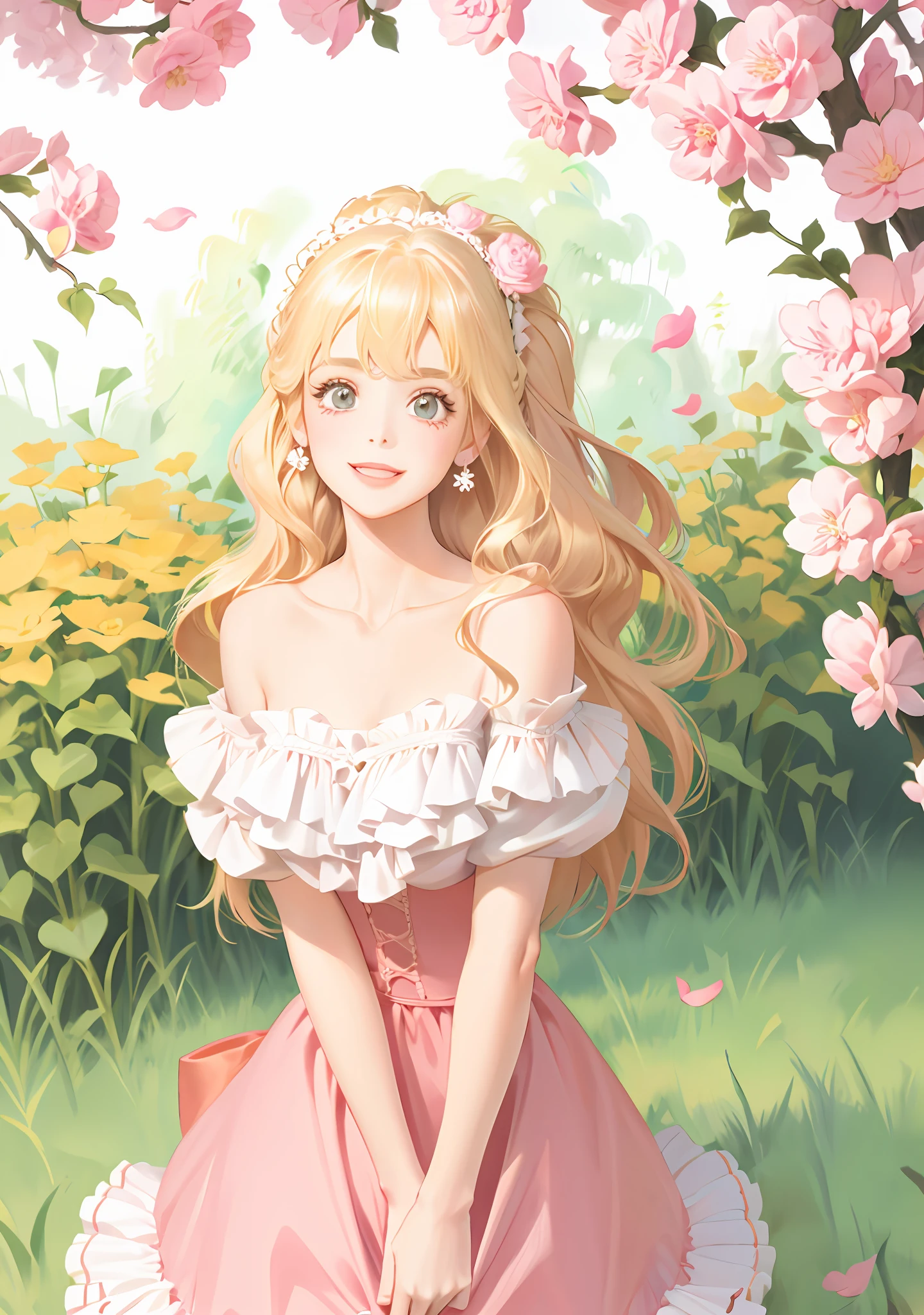 Lolita, off-the-shoulder, pink dress flowers, smile, blonde hair, fluttering hair, natural light, perfect figure, delicate facial features