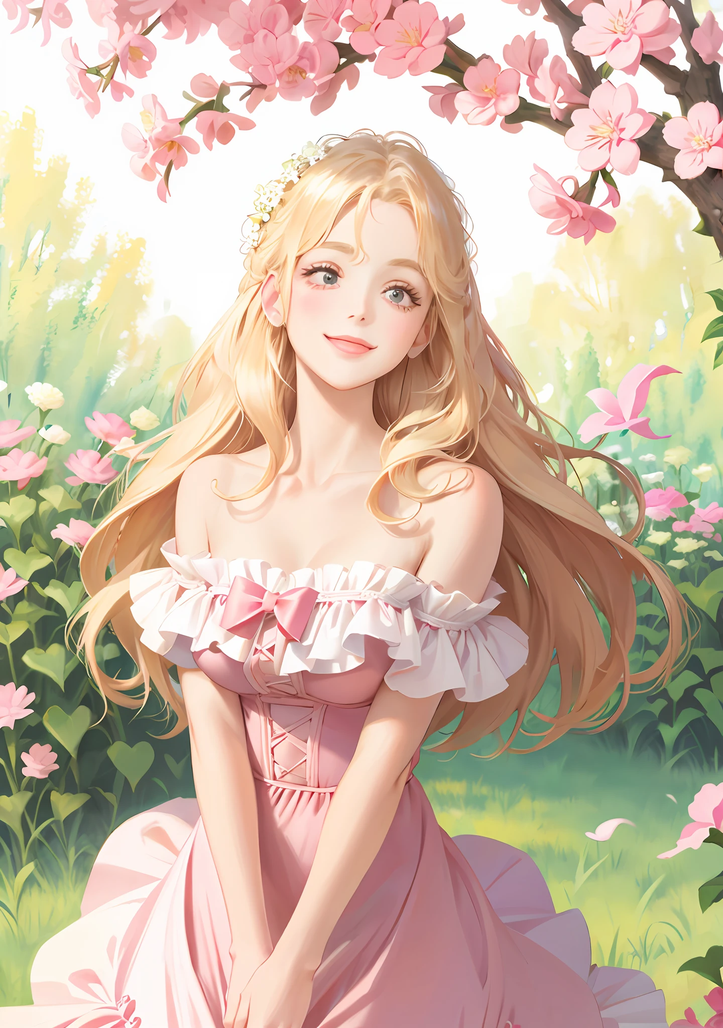 Lolita, off-the-shoulder, pink dress flowers, smile, blonde hair, fluttering hair, natural light, perfect figure, delicate facial features