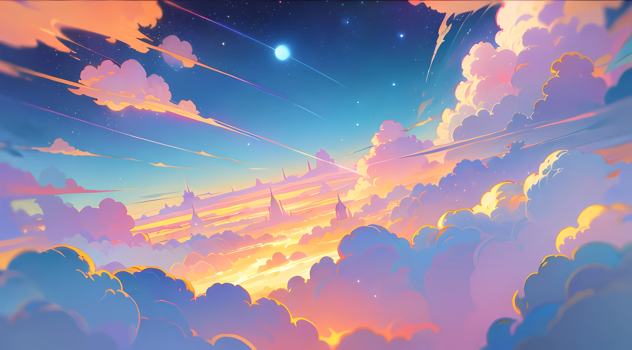 (Best quality),(masterpiece),(ultra detailed),(high detailed),(extremely detailed),Subject: Anime Sky Dreamscapes
Medium: Digital illustration or traditional painting.
Resolution: 4000x2000 pixels.
Color Palette: Soft pastel colors with a mix of vibrant hues.
Mood: Magical, ethereal, and serene.
Composition: Expansive skies with floating islands, whimsical clouds, and other dreamlike elements.
Lighting: Soft, diffused lighting with a warm, golden glow.
Style: Anime-inspired with a touch of fantasy and surrealism.
Details: Include elements such as shooting stars, colorful nebulae, fluffy clouds, and mystical creatures.
Inspiration: Anime fantasy worlds, Studio Ghibli films, surreal art, and celestial imagery.
Camera Setup: None (since it's a digital illustration).
Additional Notes: Emphasize the vastness and beauty of the sky by creating a sense of depth and space. Experiment with various cloud formations and shapes, ranging from fluffy cumulus clouds to wispy cirrus clouds. Incorporate celestial elements like moons, stars, and galaxies to enhance the dreamy atmosphere. Use soft brush strokes and blending techniques to create a seamless and ethereal look. Play with lighting effects, such as gentle rays of sunlight or glowing orbs, to add a magical touch. Consider adding whimsical creatures like flying dragons or floating jellyfish to bring a sense of wonder to the scene. Don't be afraid to let your imagination soar and create a dreamlike world that captures the essence of anime fantasy.