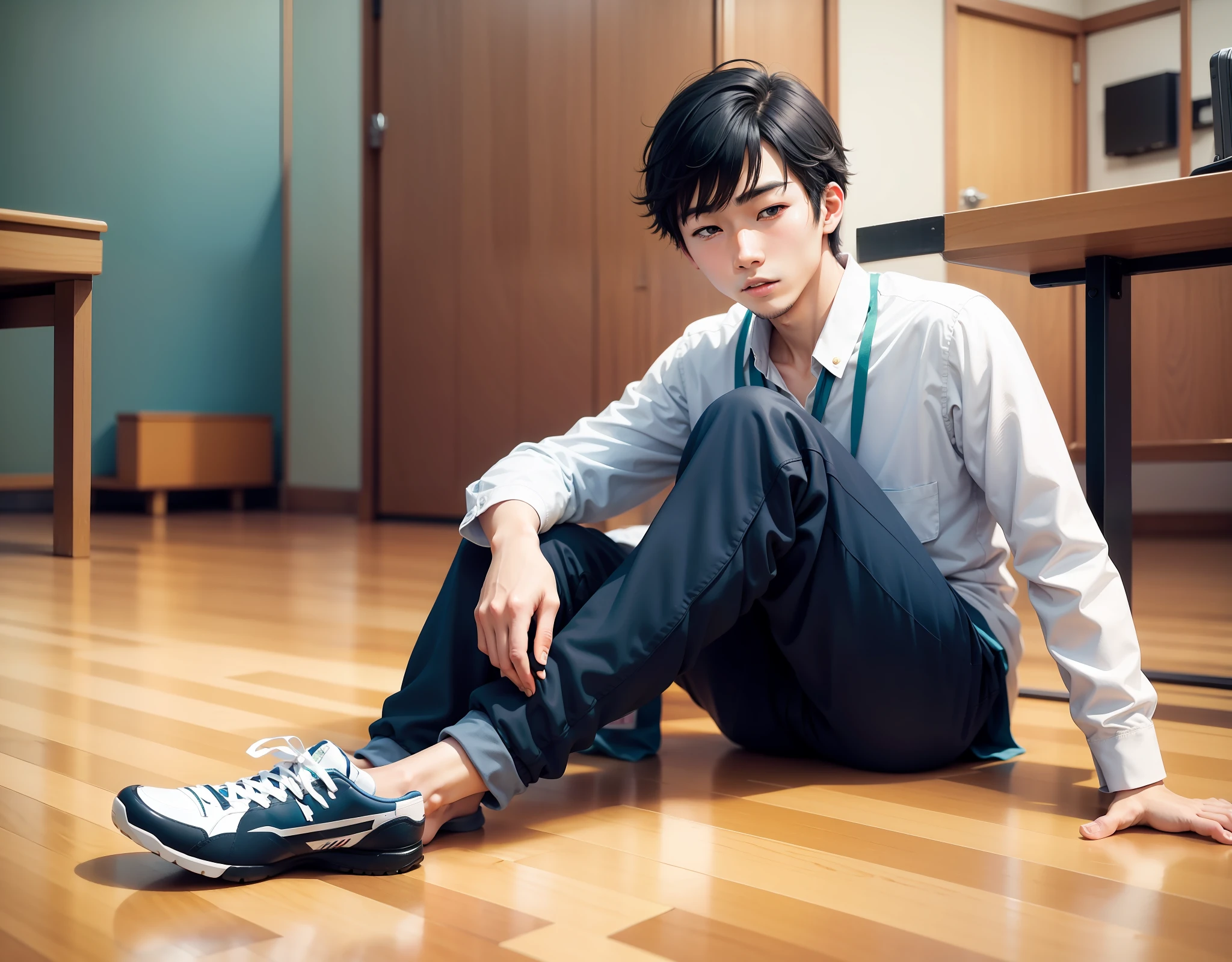 Japan male college student looked at the floor