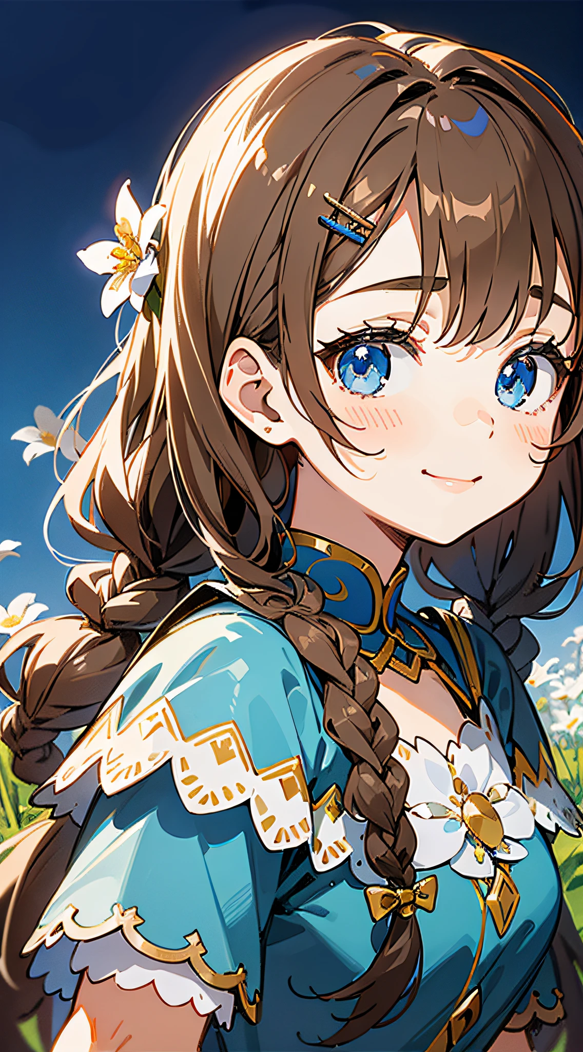 Masterpiece, super-high-resolution, cute girl, bust, short brown hair, blue clothes, flowing long hair, braids, flower embellishments, blue eyes, hairpins, cute little loli, cute cute cute, thick paint, gentle smile