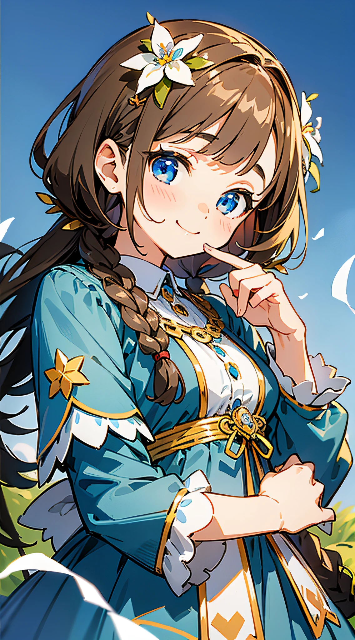 Masterpiece, super-high-resolution, cute girl, bust, short brown hair, blue clothes, flowing long hair, braids, flower embellishments, blue eyes, hairpins, cute little loli, cute cute cute, thick paint, gentle smile