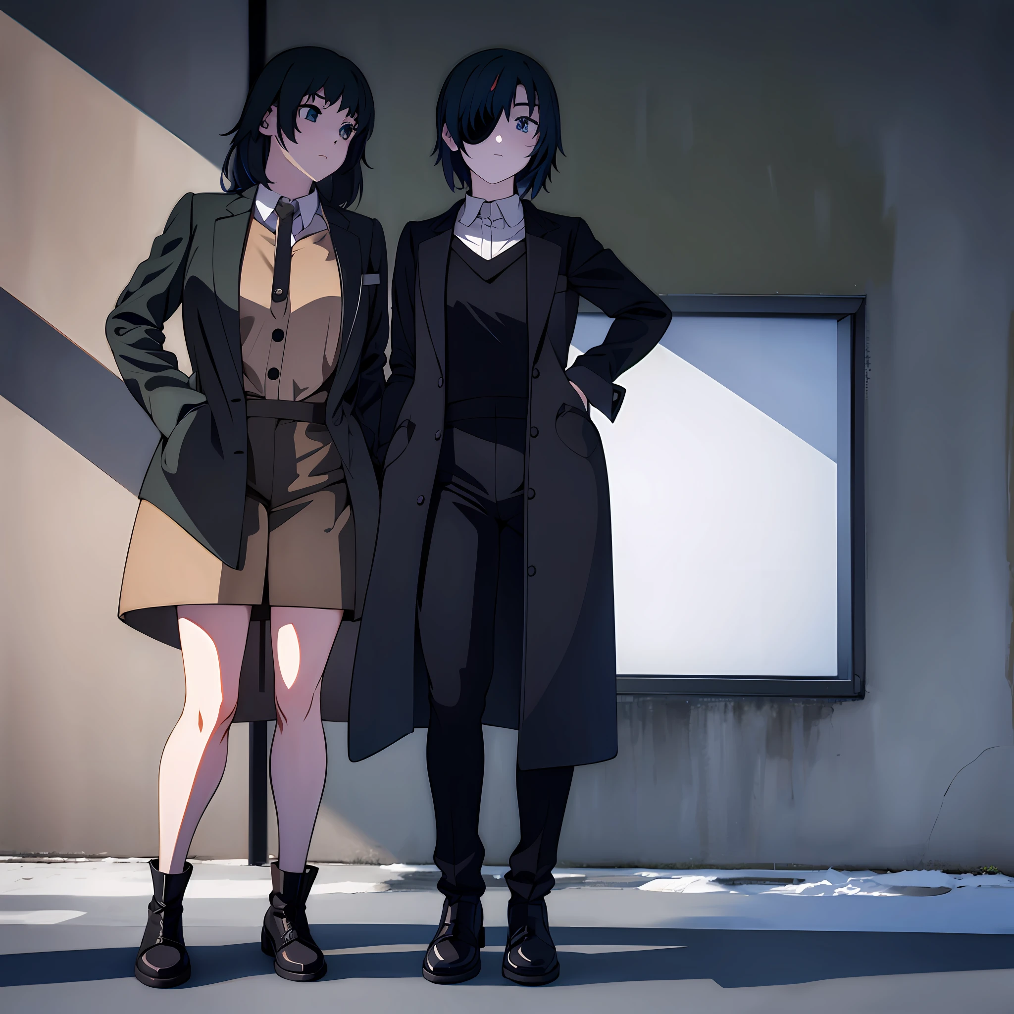 anime characters standing next to each other in front of a building, modern anime style, very modern anime style, medium shot of two characters, official studio anime still, two beautiful anime girls, cel shaded anime, flat anime style, in anime style, full_body!!, ufotable art style, anime moe artstyle, official anime still