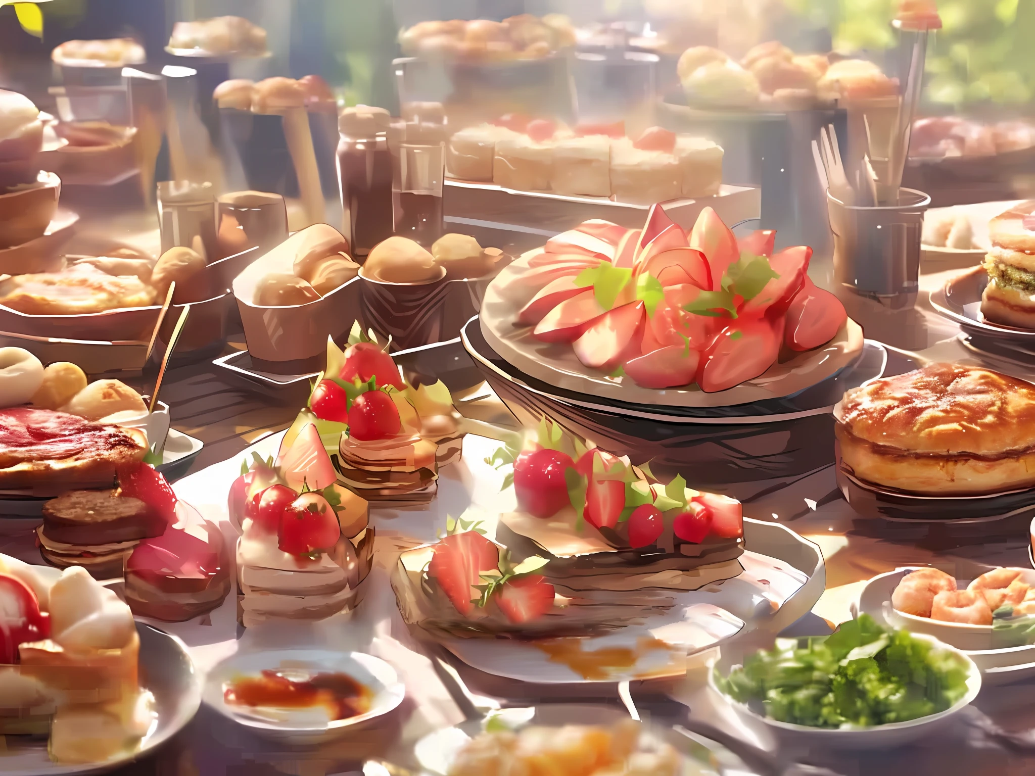 there are many different types of food on the table, anime food, super realistic food picture, painted in anime painter studio, made with anime painter studio, overflowing feast buffet table, kawacy, pastries, food commercial 4 k, ( ( makoto shinkai ) ), desserts, ❤🔥🍄🌪, amazing food illustration, by Akihiko Yoshida, pastry