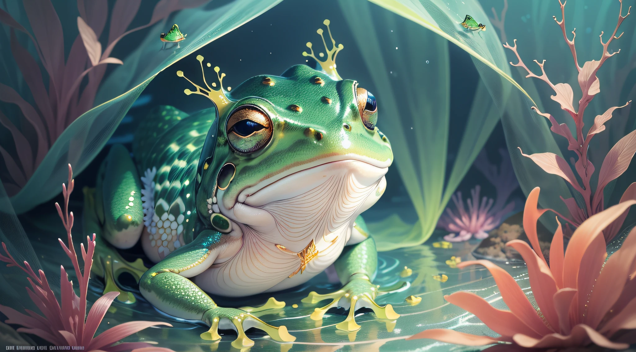 (masterpiece),best quality,extremely detailed, delicate and beautiful illustration,frog structure with human features,rough skin,sparkle in the eyes,deep shadow,underwater environment,floating,dark seabed,colorful marine life,underwater scrap,bioluminescence.