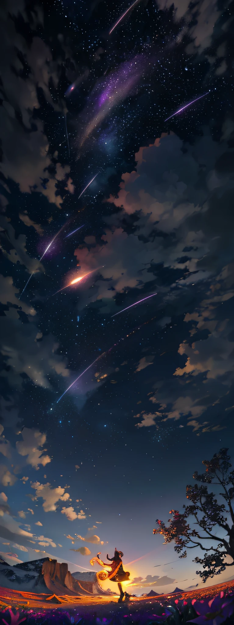 Vast landscape photo, (viewed from below, the sky is above and the open field is below), a girl standing on a flower field looking up, (full moon: 1.2), (meteor: 0.9), (nebula: 1.3), distant mountains , Trees BREAK Crafting Art, (Warm Light: 1.2), (Fireflies: 1.2), Lights, Lots of Purple and Orange, Intricate Details, Volumetric Lighting, Realism BREAK (Masterpiece: 1.2), (Best Quality), 4k, Ultra-Detailed, (Dynamic Composition: 1.4), Very Detailed, Colorful Details, (Rainbow Colors: 1.2), (Glow Lighting, Atmospheric Lighting), Dreamy, Magical, (Solo: 1.2)