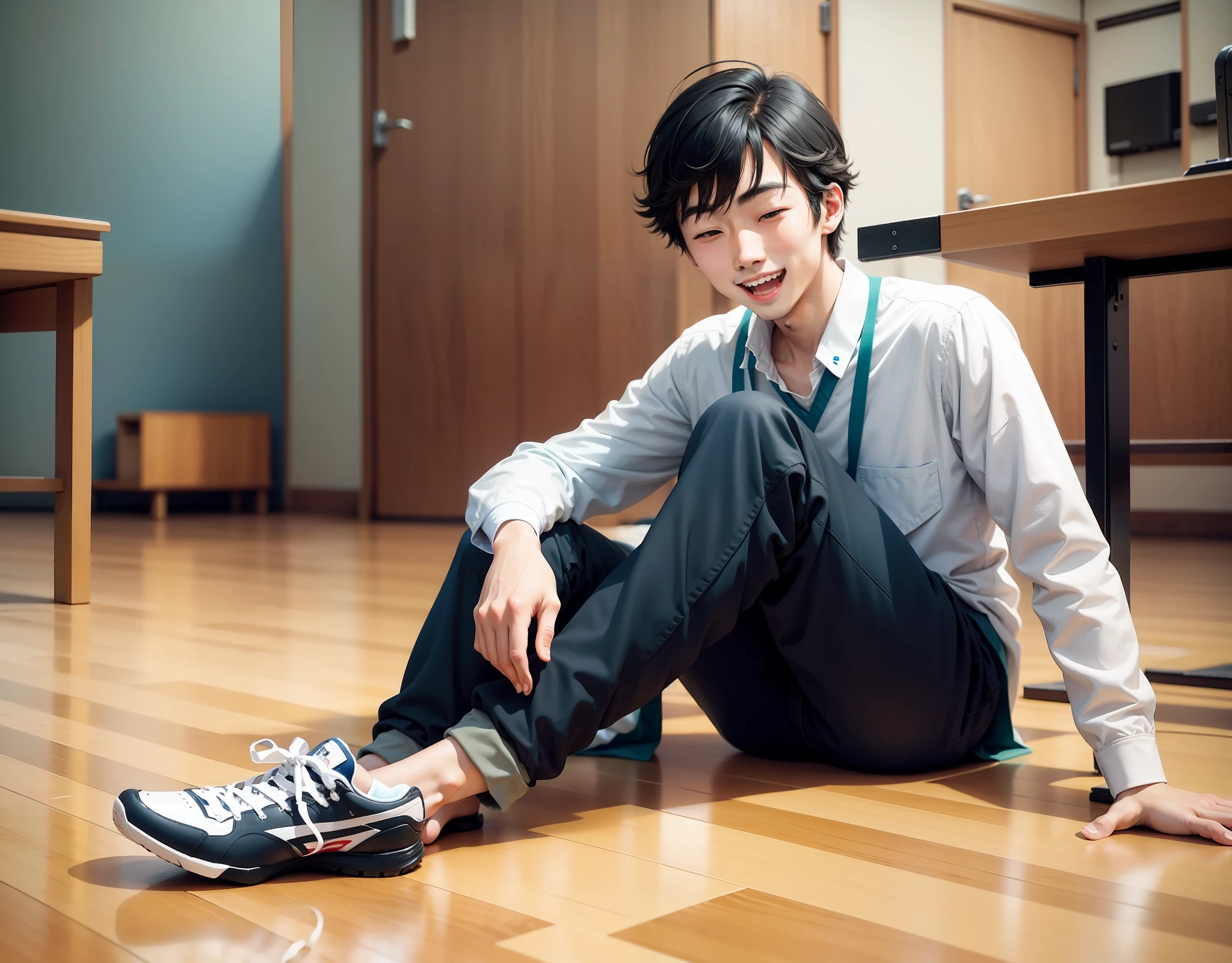 Japan male college student looked at the floor with a happy face