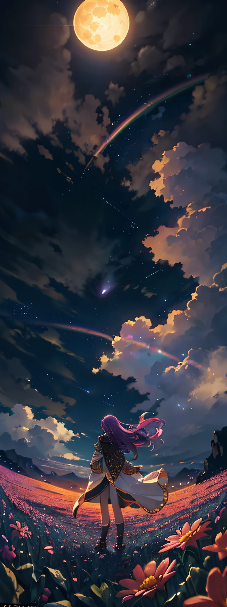 Vast landscape photo, (viewed from below, the sky is above and the open field is below), a girl standing on a flower field looking up, (full moon: 1.2), (meteor: 0.9), (nebula: 1.3), distant mountains , Trees BREAK Crafting Art, (Warm Light: 1.2), (Fireflies: 1.2), Lights, Lots of Purple and Orange, Intricate Details, Volumetric Lighting, Realism BREAK (Masterpiece: 1.2), (Best Quality), 4k, Ultra-Detailed, (Dynamic Composition: 1.4), Very Detailed, Colorful Details, (Rainbow Colors: 1.2), (Glow Lighting, Atmospheric Lighting), Dreamy, Magical, (Solo: 1.2)
