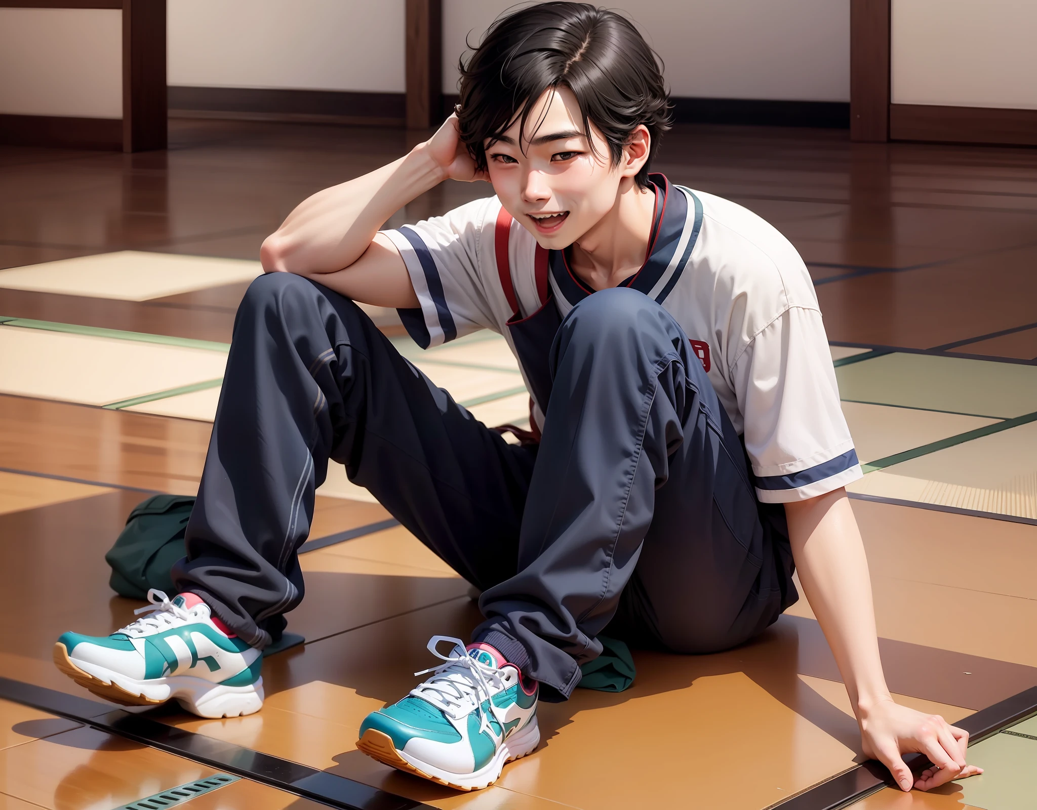 Japan male college student looked at the floor with a happy face
