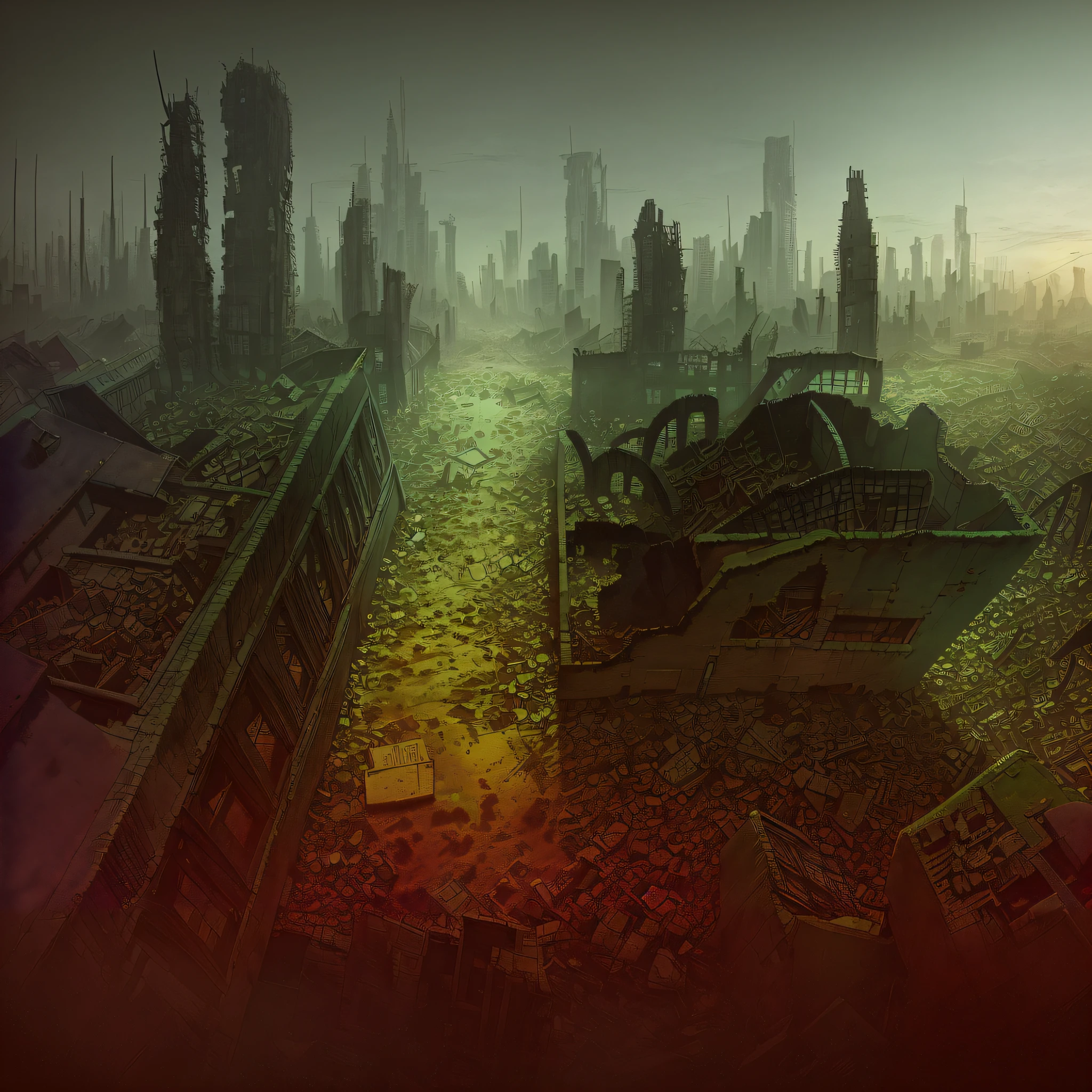 there is a picture of a city with a lot of rubble, apocalyptic environment, digital concept art of dystopian, ruined cityscape, disco elysium concept art, background artwork, post grunge concept art, post - apocalyptic wasteland, background is a city in ruins, post-apocalyptic hellscape, apocalyptic scenery, outdoors ruined cityscape, bleak apocalyptic environment, post apocalyptic background