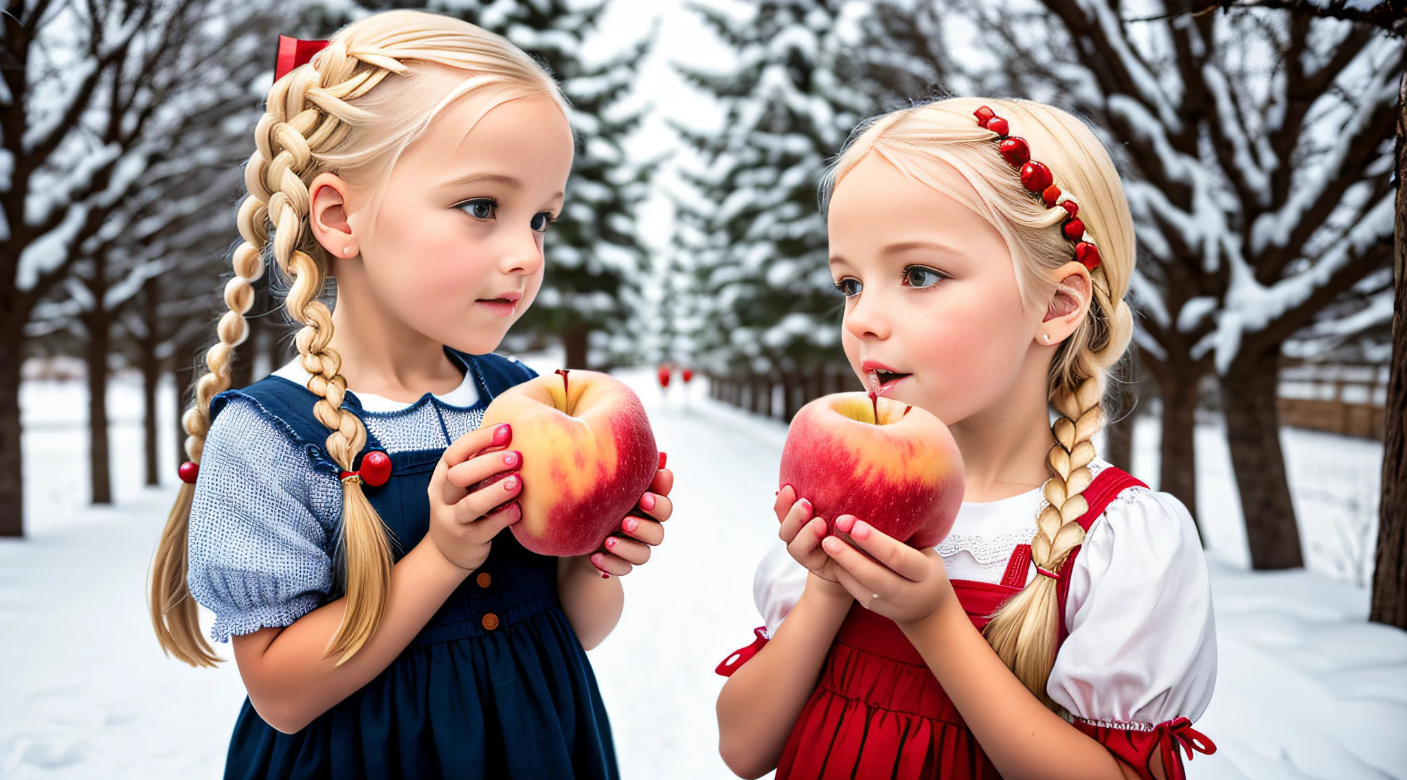 there is a girl BLONDE IN BRAIDS, holding two apples in her hands, holding an apple, with apple, portrait of snow white, snow white, one holds apple in hand, red apples, eating rotten fruit, apples, children, istockphoto, photo bank, she is guiding a peach, closeup picture shot, red apple, children, girl, istock, portrait shot