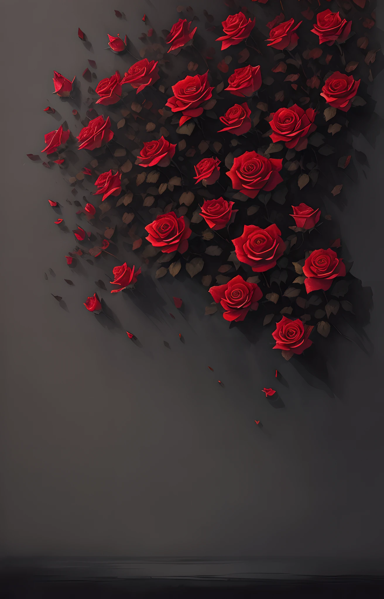 watercolour, digital painting, landscape, rich dark roses on a dark wall detailed background,8k, sketch, concept art, fading into lines, beautifully colored, excellent composition, gallery artwork, rough finishing, delicate details, sublime, beautiful, diffused lighting, apparent brush strokes, harmonious forms, awe-inspiring, magnificent, outstanding art,