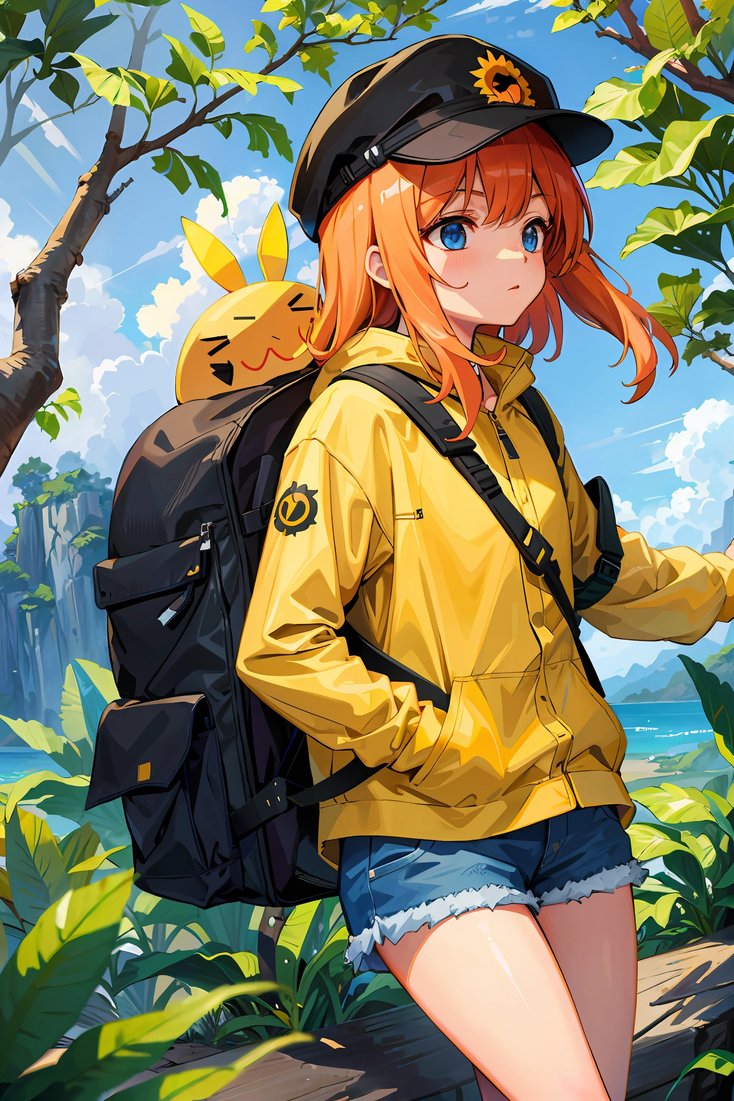 (best quality, masterpiece), 1girl, long sleeves, cap, shorts, jungle, backpack, sun, tired, standing