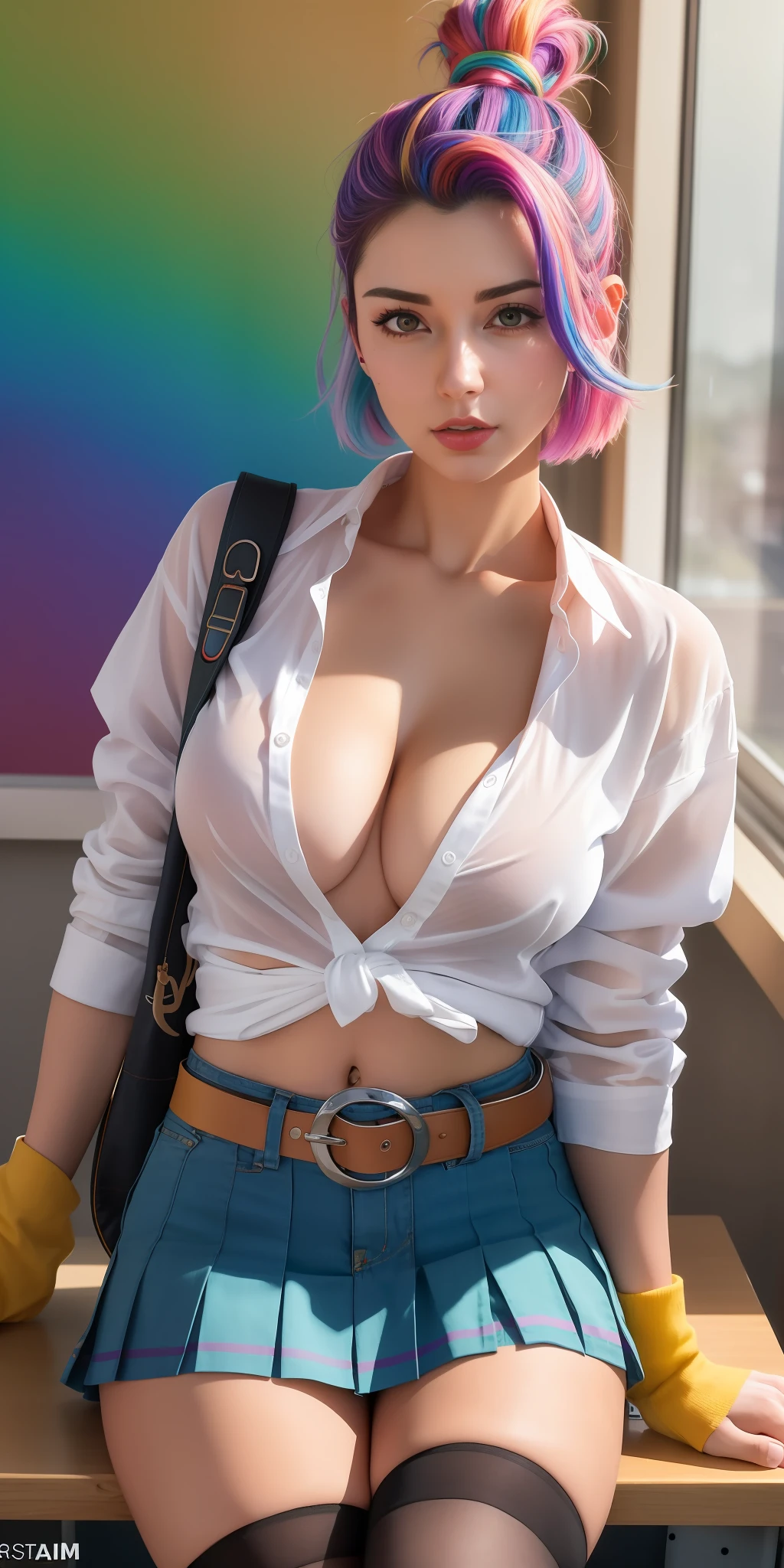 a woman with colorful hair sitting on a bench in a room, open shirt, sexy girl, alena aenami and artgerm, bulma from dragon ball, cleavage, ilya kuvshinov. 4 k, amouranth, low cut top, better known as amouranth, wearing in shirt, clothed in white shirt, 4 k ]