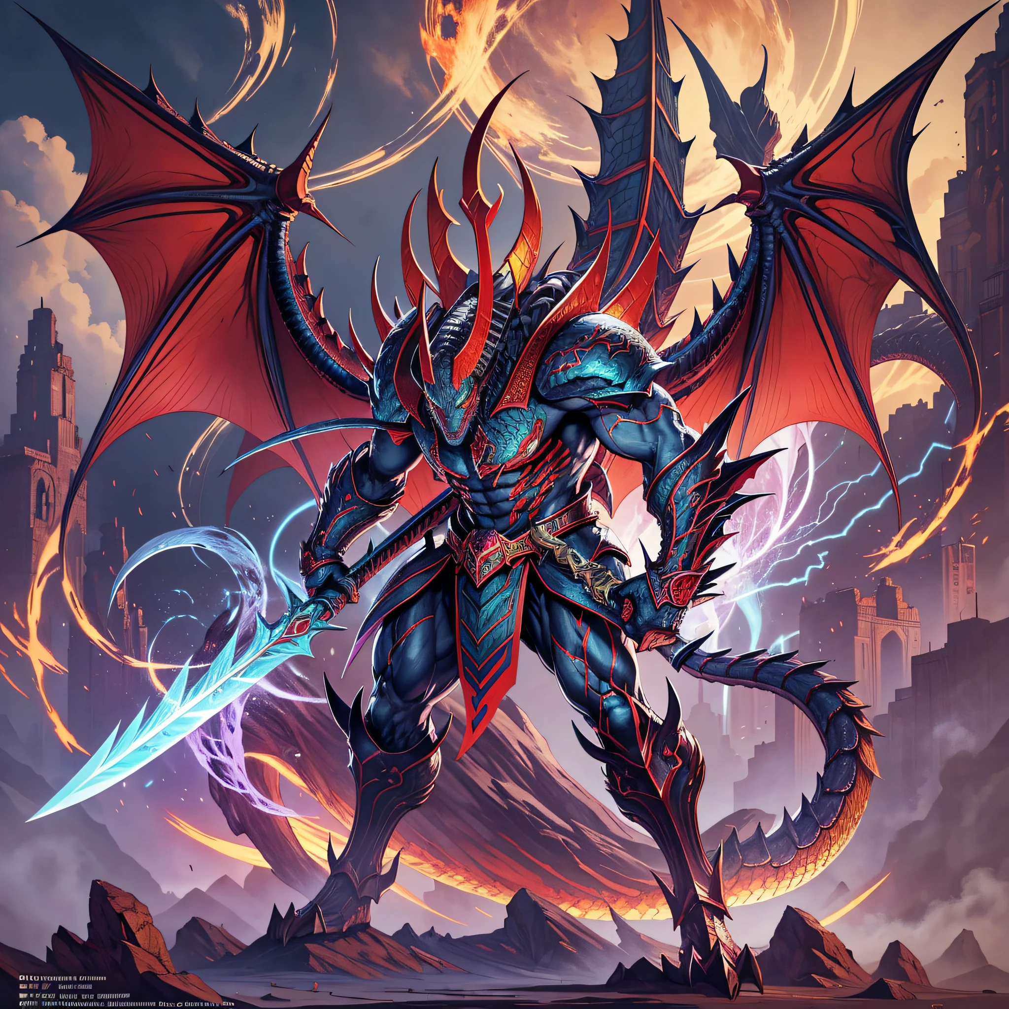 Close up of dragon with sword in hand, gorgeous supreme demon king, full art, high definition official artwork, plant dragon cyborg, magnificent complex Orobolos, kitava, kitava insatiable hunger, colorful muscle eldrich, 1/100 occlusion speed