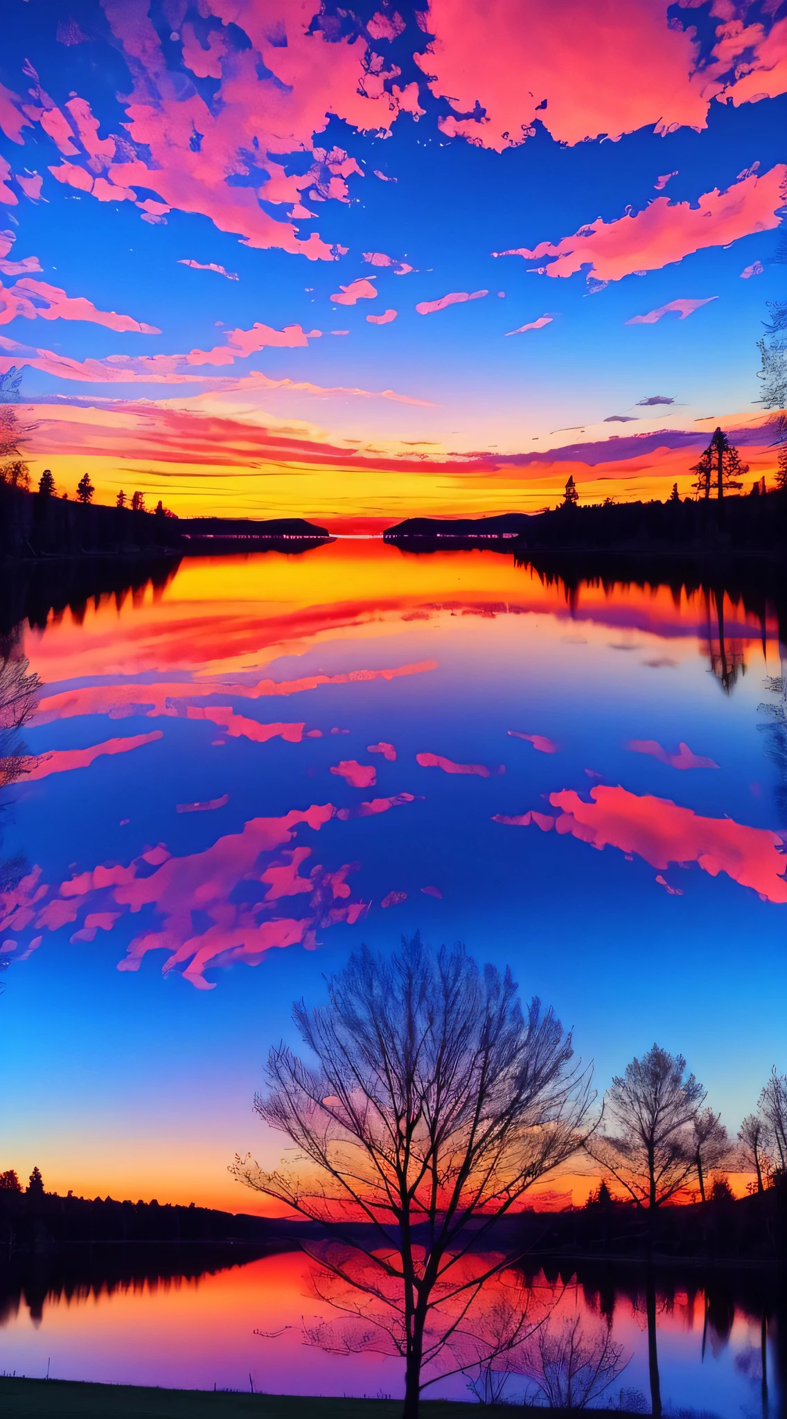 there is a beautiful sunset with a lake and trees in the background, colorful skies, surreal colors, colorful sunset, colorful sky, marvellous reflection of the sky, stunning sky, dream like atmosphere 8k, colorful clouds, colors reflecting on lake, surreal sky, red and blue reflections, fire reflection, beautiful sky, beautiful and spectacular dusk, beautiful dreamy landscape, amazing sky