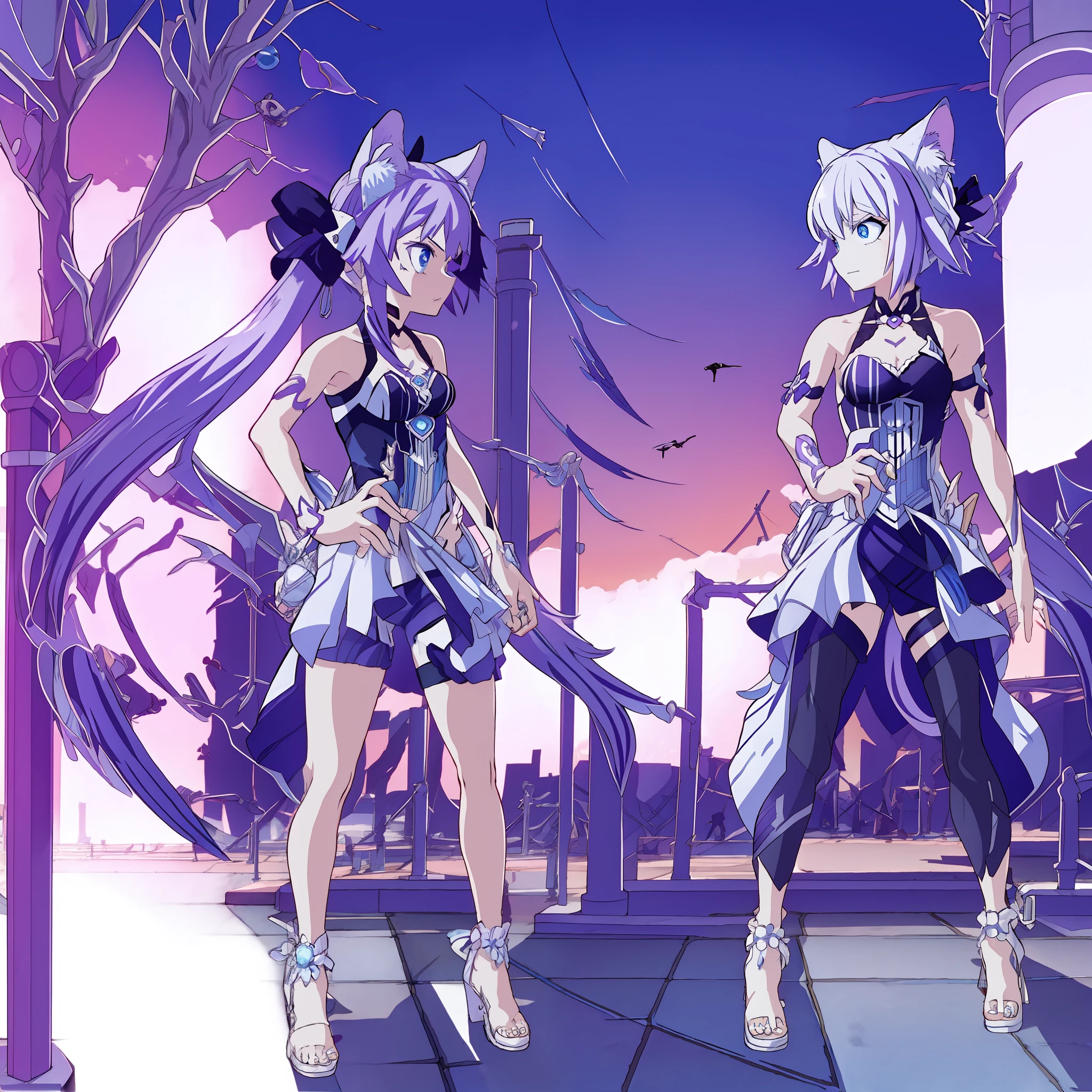 A ***********, Short Hair, Purple Hair, Small Purple Cat Ears, A Purple Cat's Tail, Blue Eyes, Assassin Clothing, Amine Style