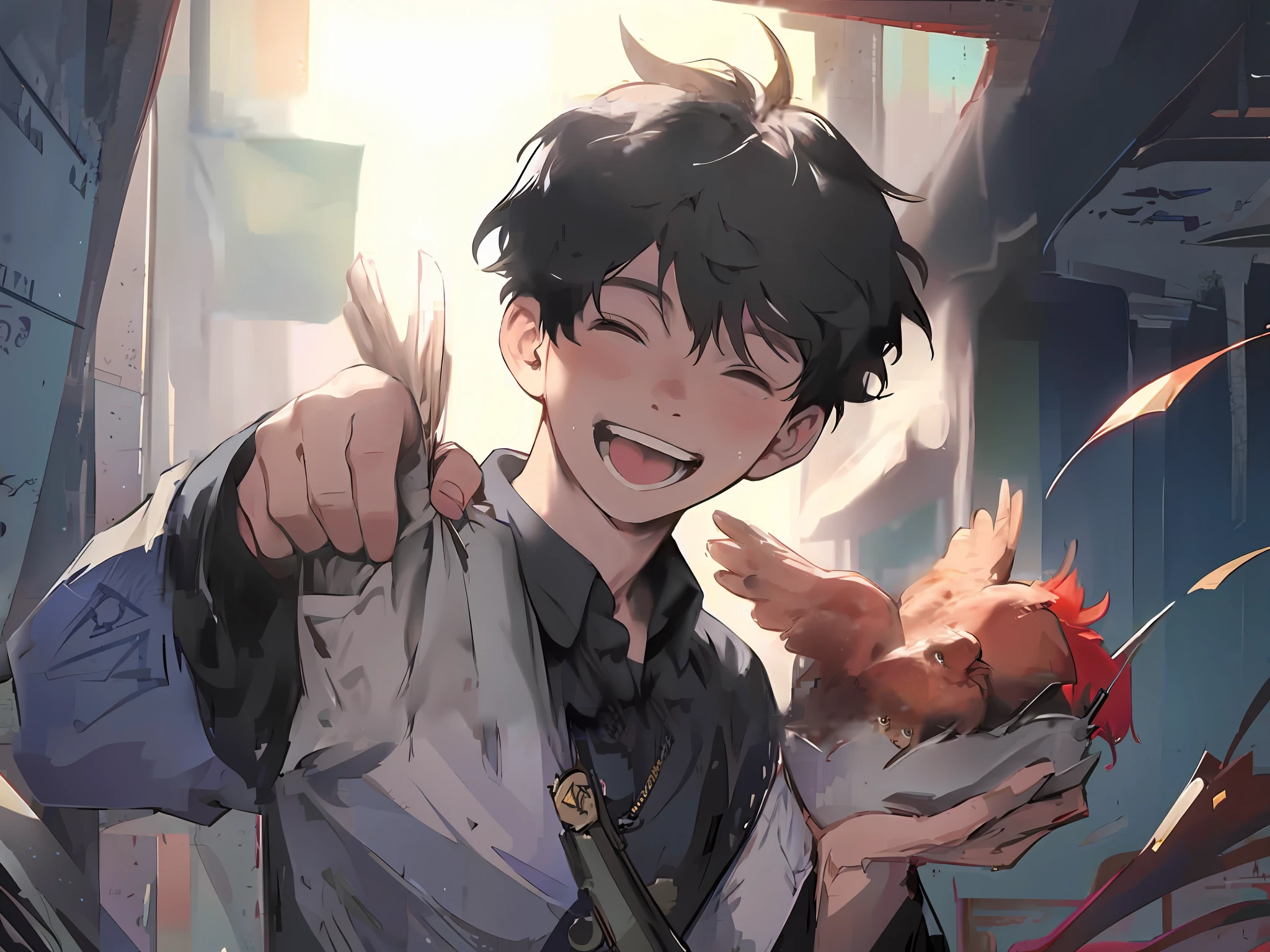 anime boy holding a chicken and a knife in his hand, guweiz, kawacy, he is smiling, artwork in the style of guweiz, with index finger, [[[[grinning evily]]]], inspired by Okumura Togyu, cunning smile, smiling sweetly, inspired by Okumura Masanobu