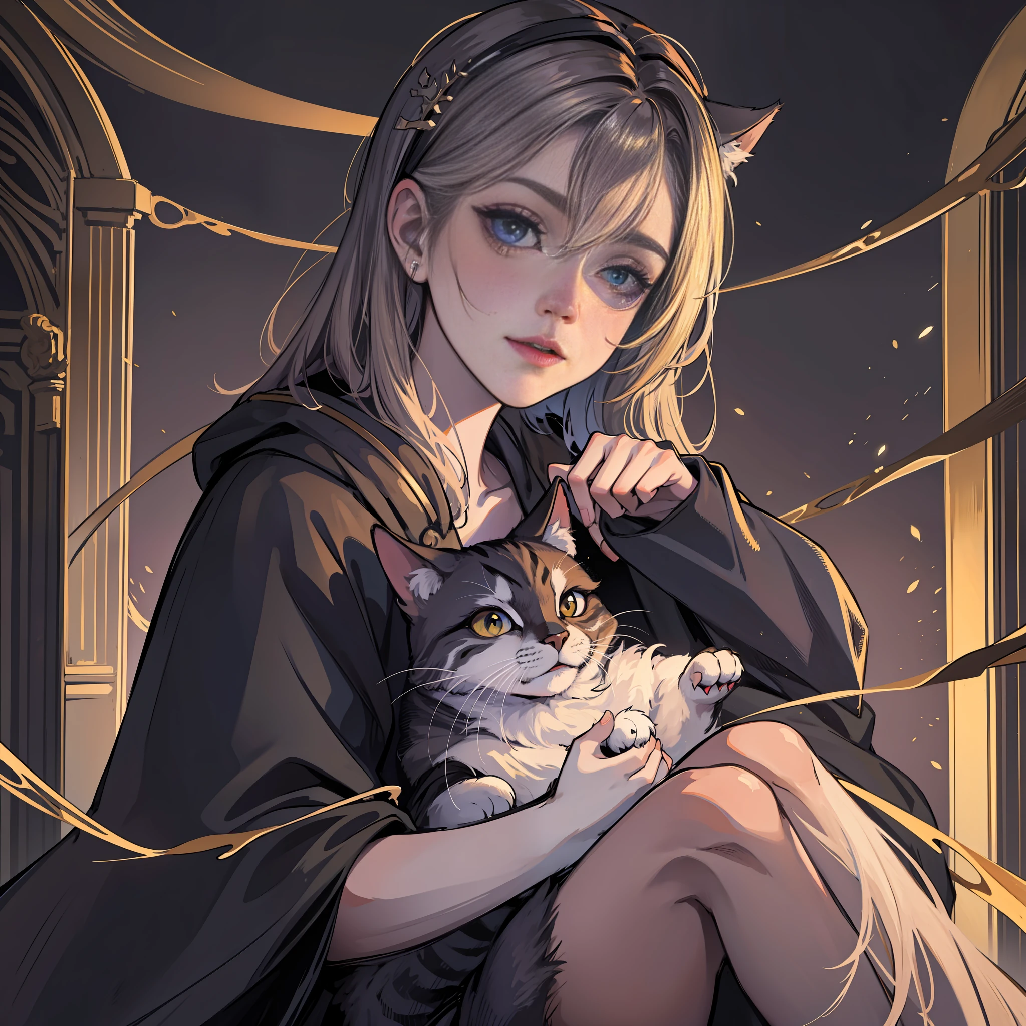 4K quality, fine painting, light and dark, surrealism, juvenile, robes, close-ups, capes, holding a cat in your hands,