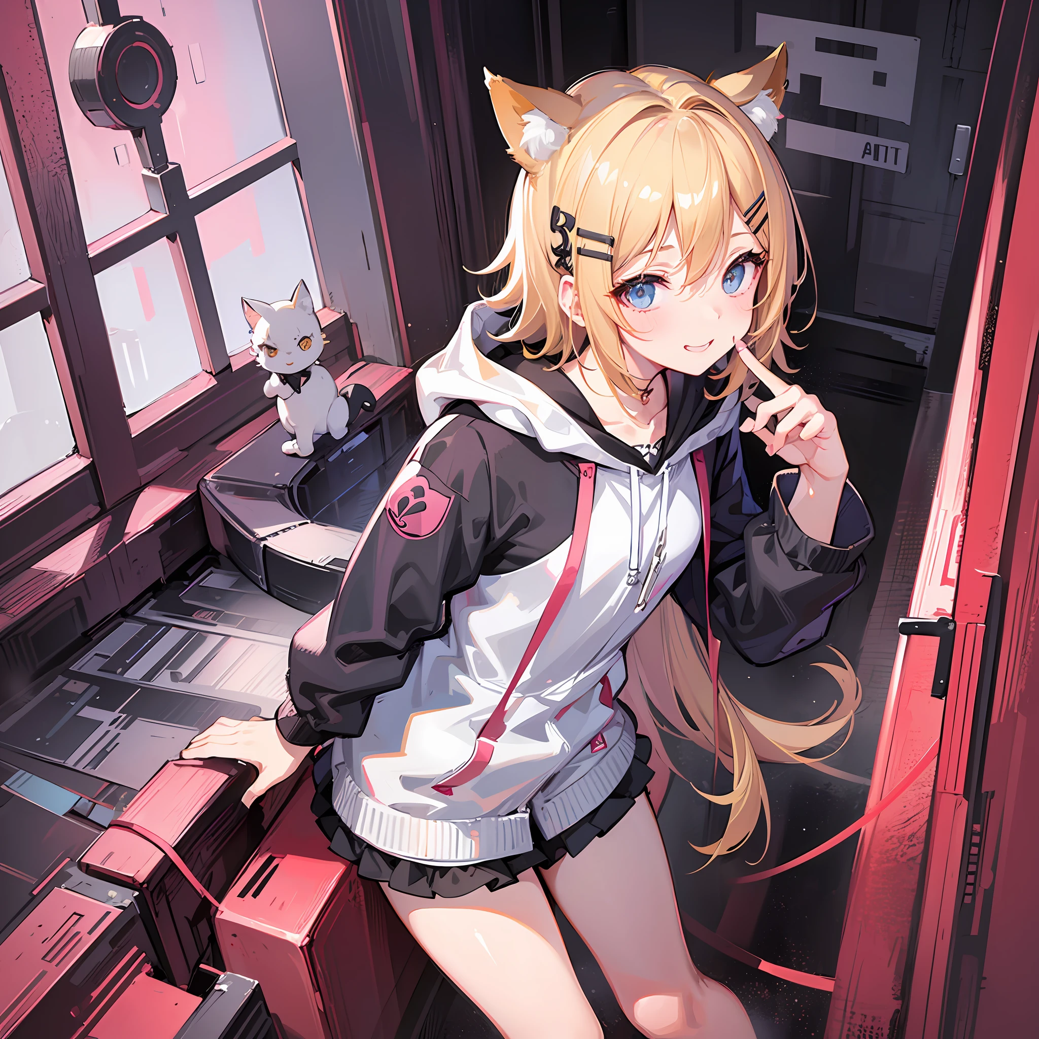 (Masterpiece), (Best Quality), (Illustration), (Super Detail), (High Resolution), Perfect Anatomy, Absurdity, One Girl, (Kagamine_Rin), (Vocaloid), Short Hair, Hair Clips, Blush, (Blonde), Very Cute Girl, Small, Young, Delicate, Attention to Girl, Living Room, Cute, She, Smile, Best Moment, , Blue Eyes, Bright Eyes, Lively Eyes, cute, standing, thighs, red heart in the background, heart speech bubble, spoiled, innocent, love love, love viewer, beautiful body, cute face, delicate arms, boyfriend gaze, lively eyes, neat, bare legs, dabo dabo hoodie, perfect hood, hoodie based on white, black shorts, cat ears, bold pose, beautiful girl, estrus, nsfw, naughty mood, grinning, female brat, Little devilish laughter, clothed eroticism, looking down on us, despising us