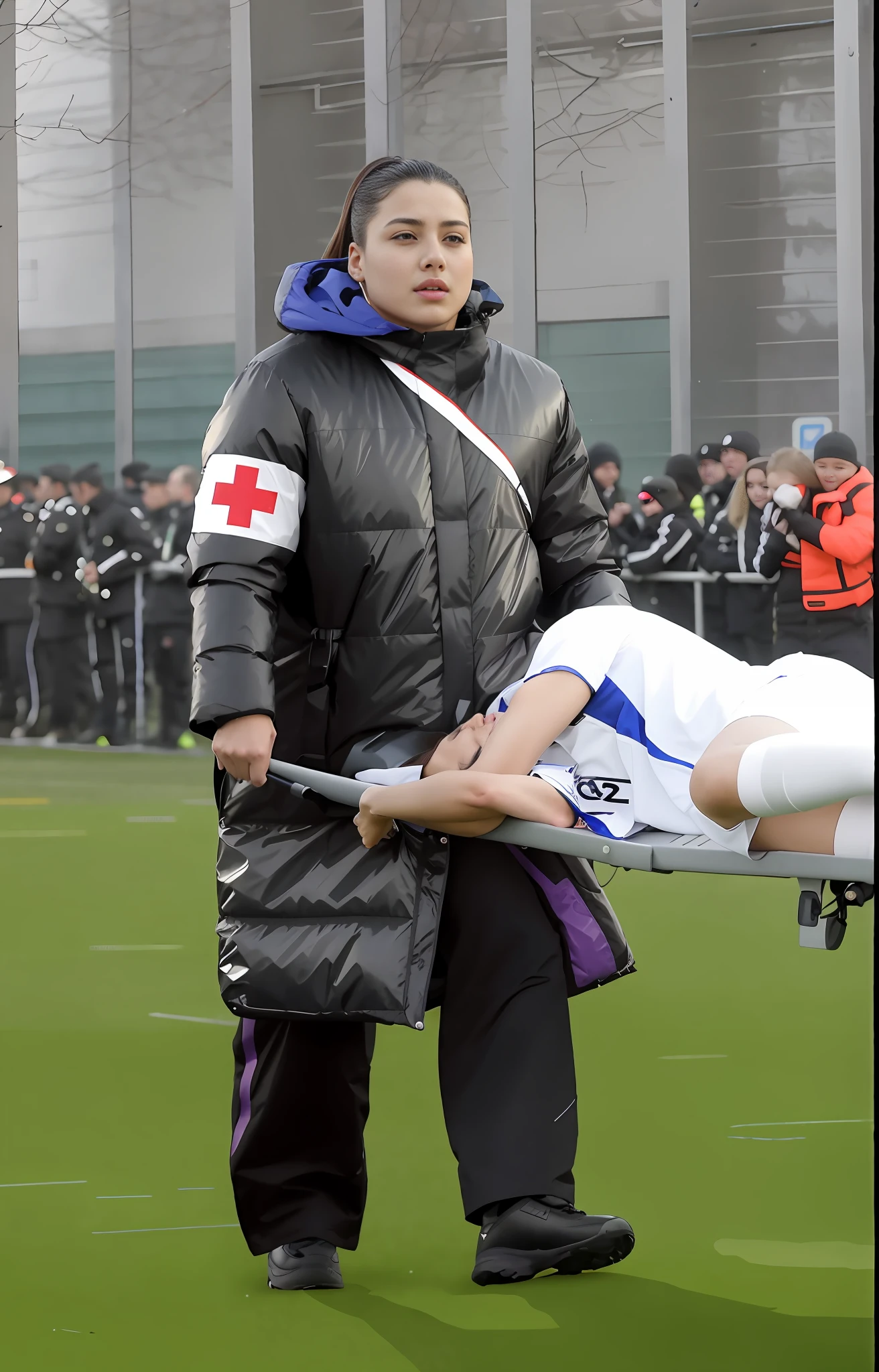 there is a girl in a black coat, a girl in a black coat is walking on a sports field, a girl is wearing a laquered shiny coat, there is a sportsman in white shorts and a white t-shirt lying injured on a stretcher, there is an injred sportsman who is covering his face on a stretcher, an injured sportsman is covering his face with his hands, an injured sportsman is writhing in ecstasy on a stretcher, dramatic pity pose, there is a latino woman in a high-shine puffy coat, a high-shine black down coat, a long black moncler coat, a wetlook down coat, a wet black aquered coat, a latino wife is wearing a wetlook black uniform, injured, medic, laura sava, anna nikonova, very professional, by Dietmar Damerau, alexandra fomina, soccer action pose, affection pose, lecherous action pose, dramatic action pose, theatralic pose, there is an attractive woman that is carrying a skinny man, there is a beautiful woman in a shiny coat who is carrying a blond man in her arms, a longhaired beautiful woman in a high-shine black puffy coat, a longhaired woman in a shiny downcoat, a woman is carrying a shorthaired man who is wearing shorts and a t-shirt, a weak man in spots shorts is consciousless and needs to be carried, a shorthaired man with closed eyes is carried in the arms of a longhaired woman, a woman looks very scared and terrified, a consciousless man with closed eyes is suffering very much and has a very painful face, photo, photo shoot, photographed , accident, help, aid, first aid, pity, woman in black jacket carrying a man on a stretcher, injured, anna nikonova, edited, medic, sergey krasovskiy, andi rusu, on set, on the field, sergey vasnev, ilya kushinov, yulia nevskaya, unknown, danila tkachenko, kim hyun joo, england, hyacinthe rigaurd