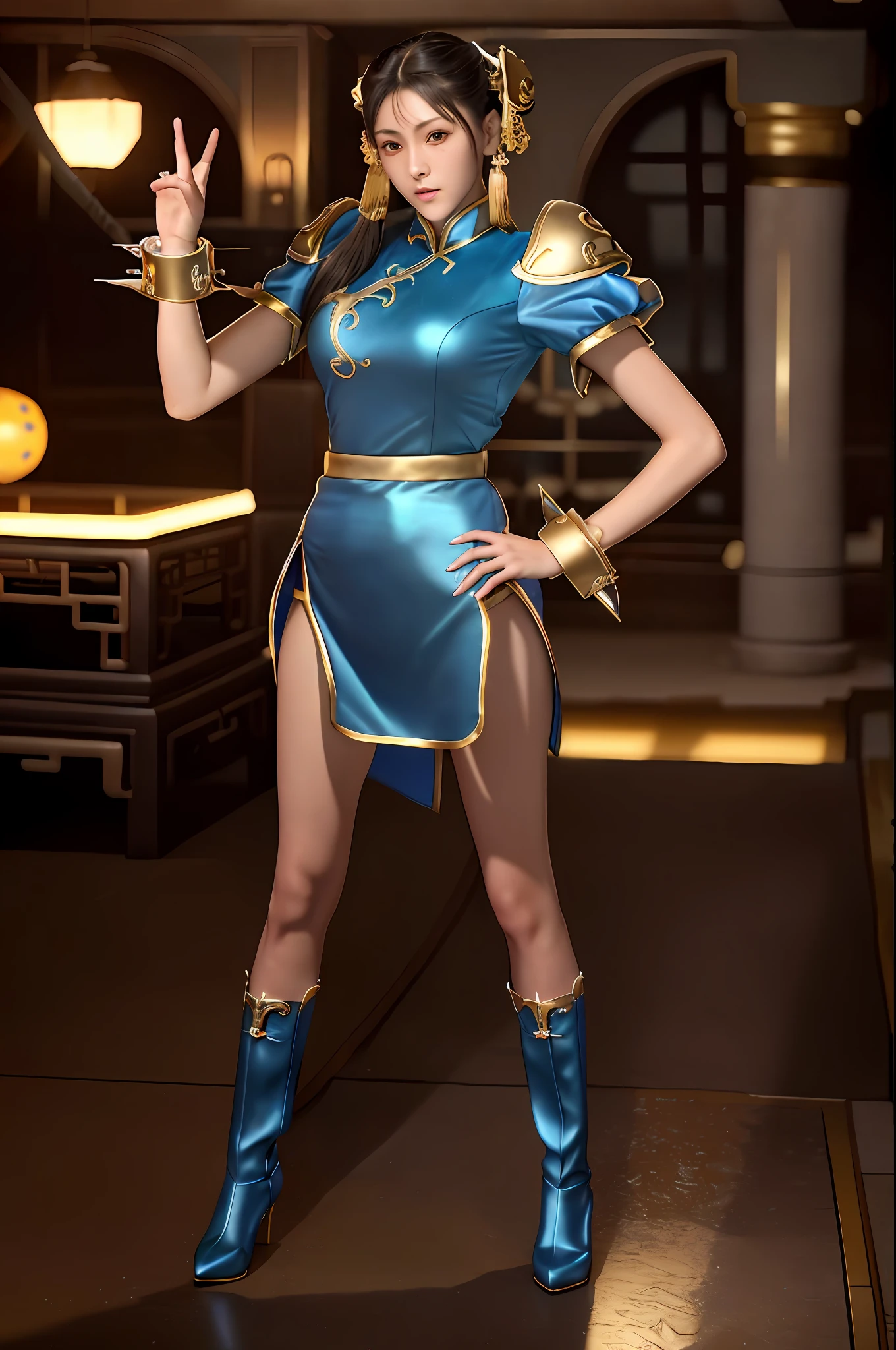 Cinematic poster. 8k, real image, intricate details, ultra-detailed, (photorealistic), (8k, RAW photo, best quality, masterpiece:1.2),(realistic, photorealistic:1.37).
(ChunLi:1.0), 1girl, solo, Chun-li wearing blue clothing, full body, with gold details glued all over the body with sparkle, (camel toes), Hot body, Hot girl, Athletic body, skin with sparkle, highly detailed, realistic. kinematic lighting.
In the background a cinematic ancient Chinese city with stone dragon statues.