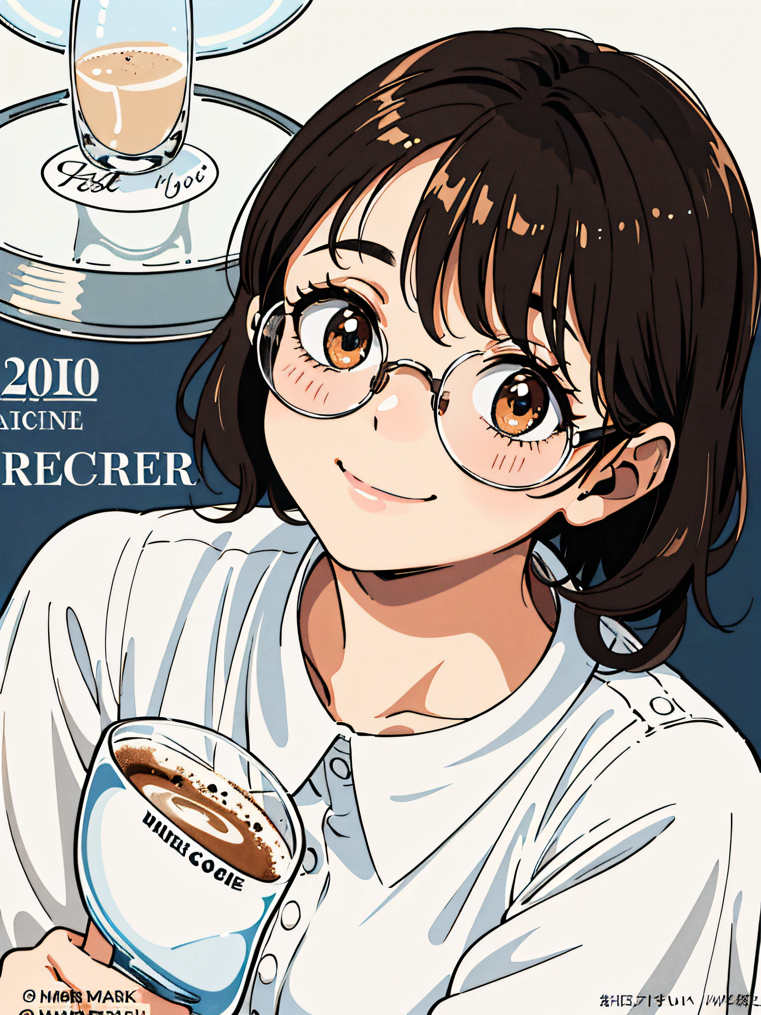 (Best Quality, Masterpiece), Women's Cooking Magazine Cover, 1girl, 20 years old, with round-rimmed coffee-colored glasses, stunning, cute, warm smile, hourglass figure, white shirt, text, chart, advertising, magazine title