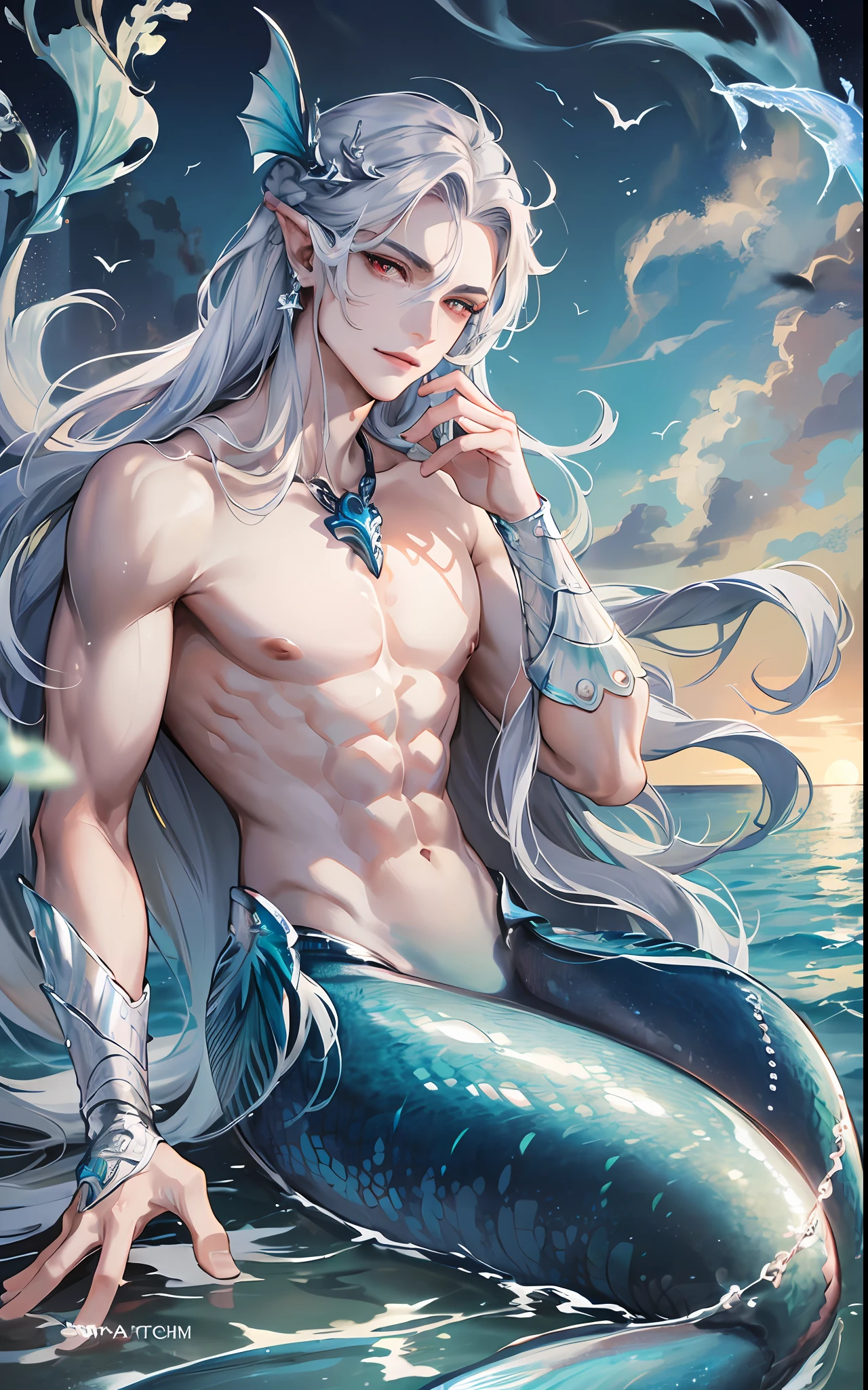 man, masculine, masculine face, attractive, muscular, (((1man))), masterpiece, absurdres, best quality ,intricate details, ((full body)), (shiny skin, shiny body, shiny oily luster skin, shiny hair, pale skintone), Sundown, attractive, ((muscular)), adult, one, earrings, Don't look at the view , Not looking at the view, silver hair, braided hair, perfect detailed face, perfect detailed hands, triton, fins, red eyes, triton ears, smirk, marine sea ornaments, open chest, ((mermaid tail)), no legs, under the sea, fishes, masculine features, masculine face, (((night))), moonlight, darkness, dark light