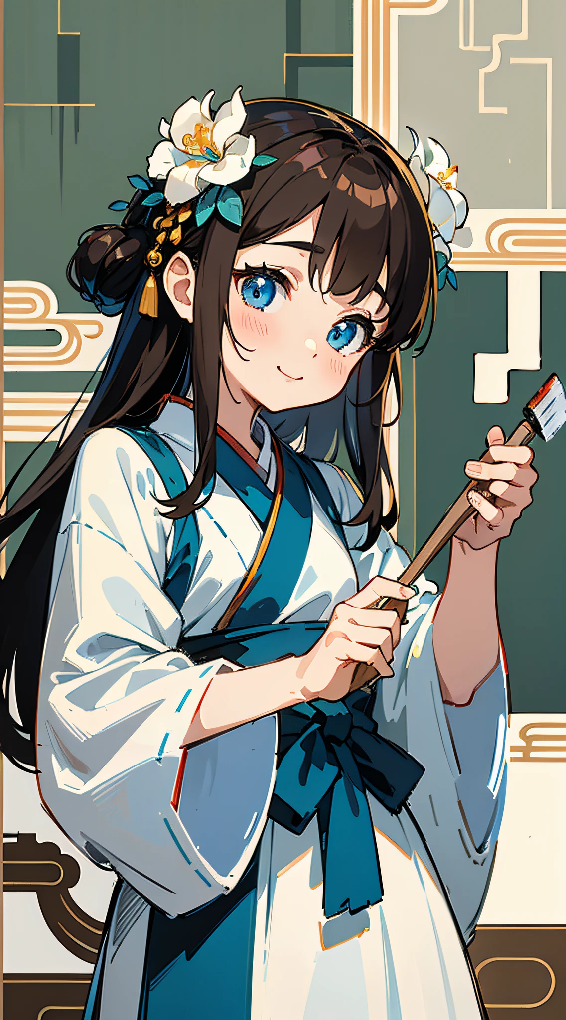 Masterpiece, Excellent, Super High Resolution, Cute Girl, Chinese Antique Style, Short Brown Hair, White Hanfu, Dynamic Posture, Long Flowing Hair, Flower Embellishment, Blue Eyes, Hairpin, Cute Little Lori, Cute Cute Cute and Cute, Thick Paint, Gentle Smile, Holding a Brush
