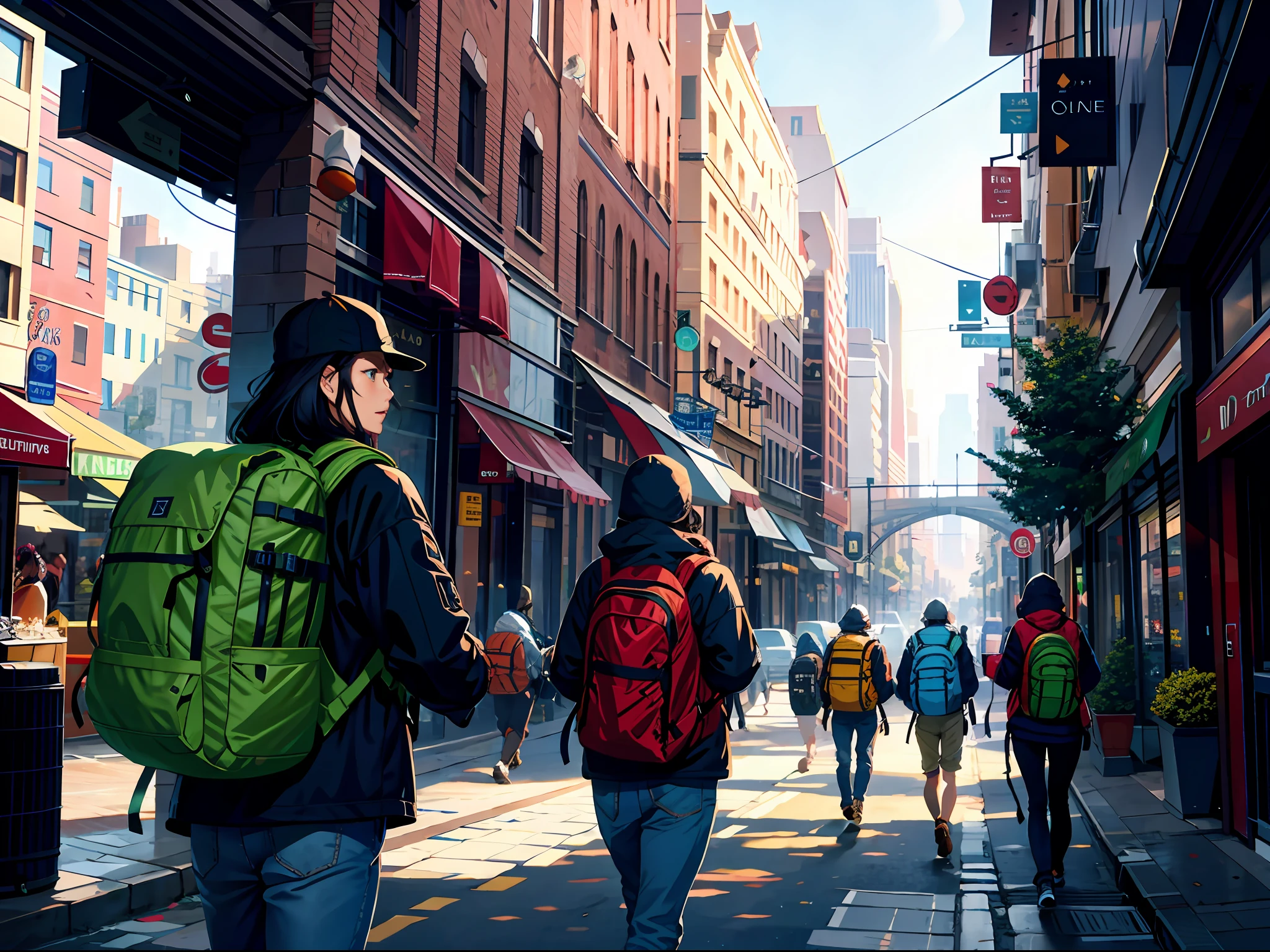 High resolution, highest quality, illustrations, ultra-detailed, bustling city, group of people carrying backpacks in pairs, daytime, streets, wilderness