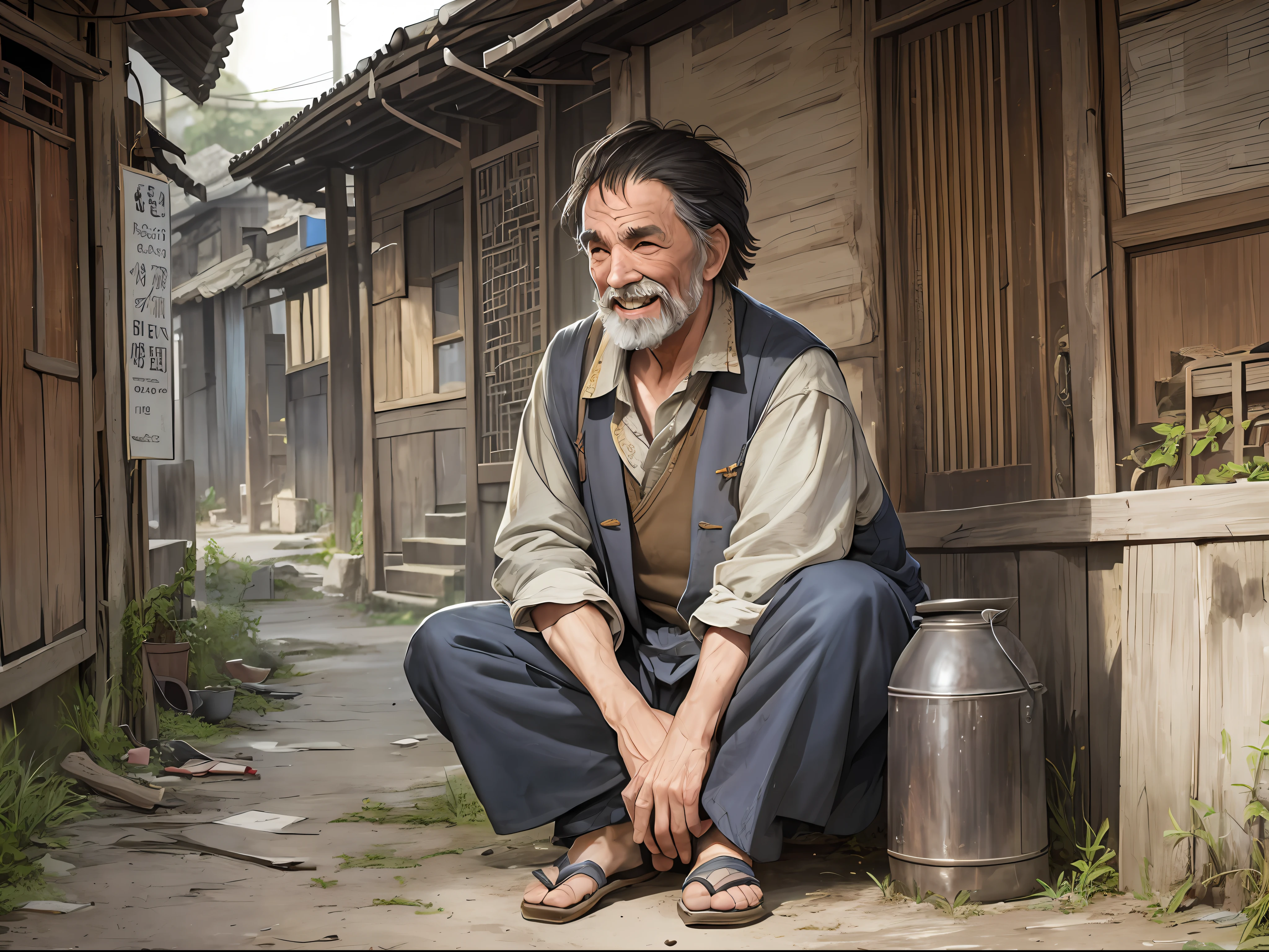 1 old man, sitting on the ground, village entrance, thin, shabby clothes, dirty, laughing, dusk ((ultra-realistic details)), Chinese Republic of China style, panorama, full body, global illumination, clear facial features, short black hair, shabby clothes, sloppy, 8k