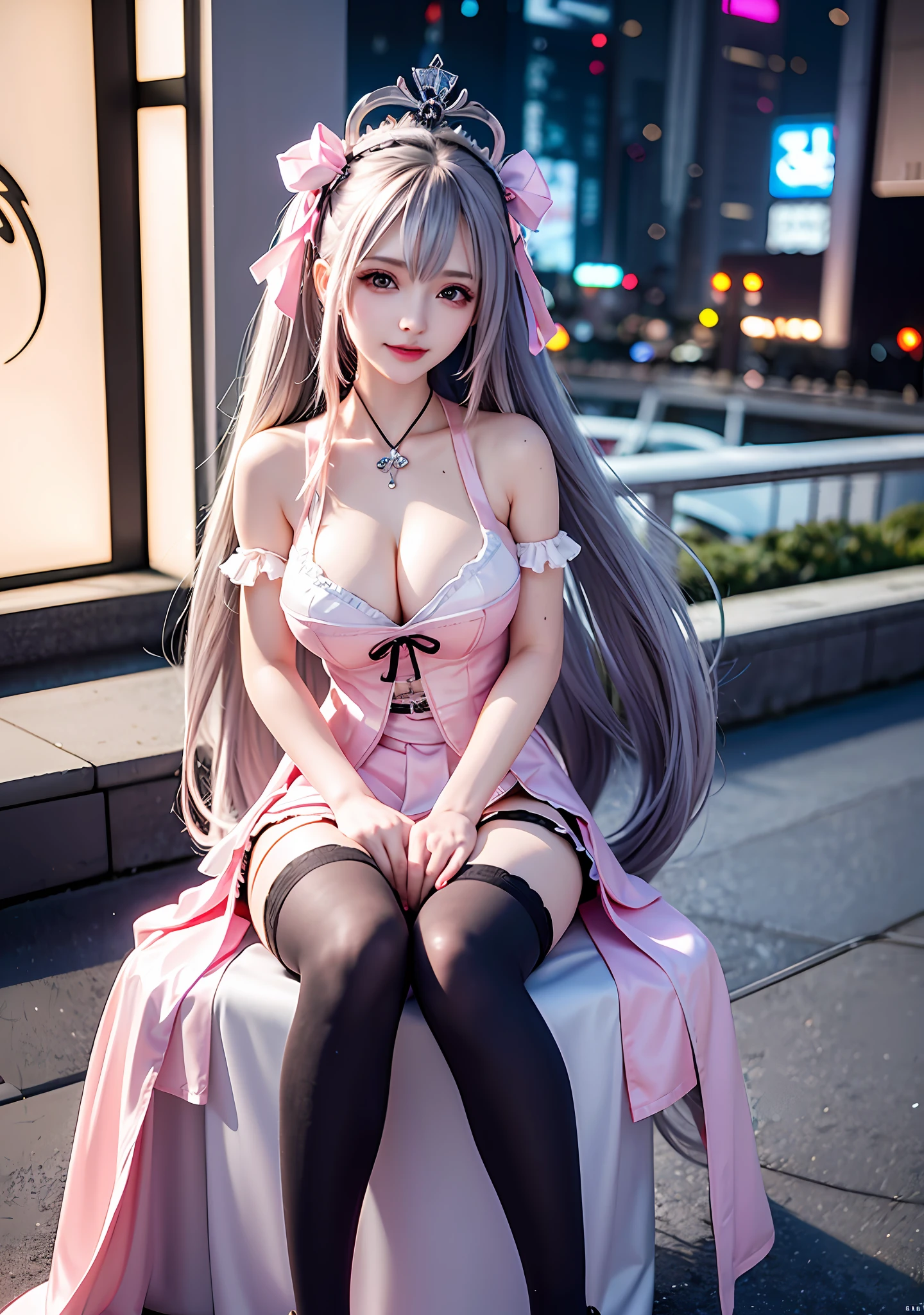 32k definition, high bitrate, 8k resolution, 1girl (1.7), silver long hair, cyberpunk style, stunning face, touching smile, feminine expression, nudity, crown, graffiti on face, face graffiti, big breasts, short skirt, pink lolita, ribbon, stockings, long legs, sitting position, dreamy city background