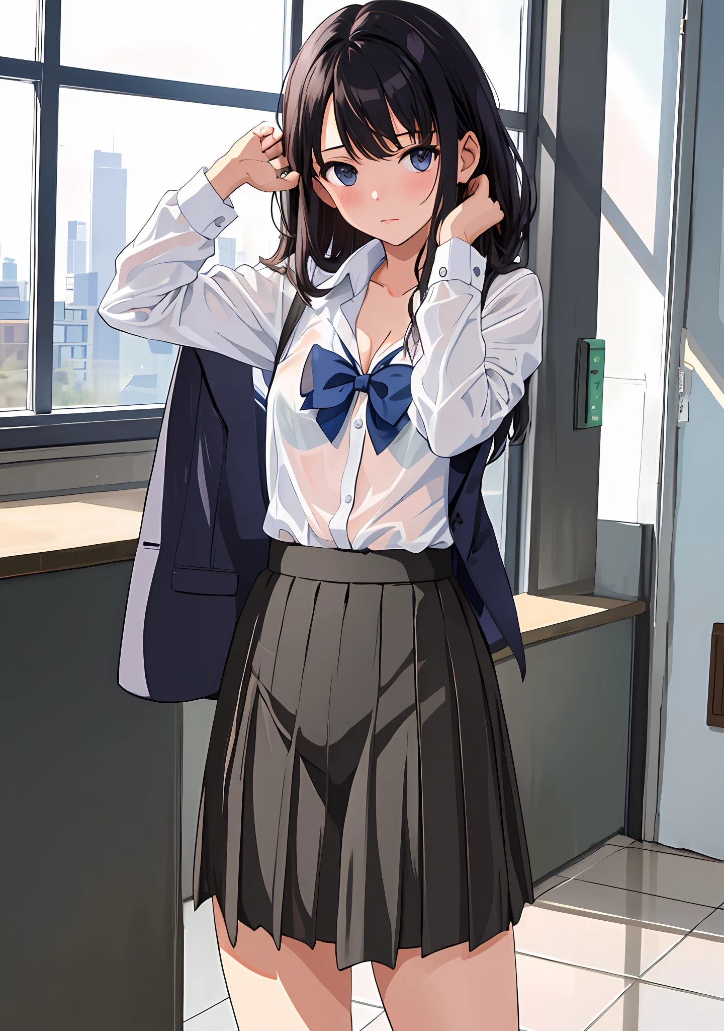 (masterpiece, best quality), 1girl, nsfw, schoolgirl uniform, shy, showing off, flat chest, cleavage, panties, see through, nipplesout, bra