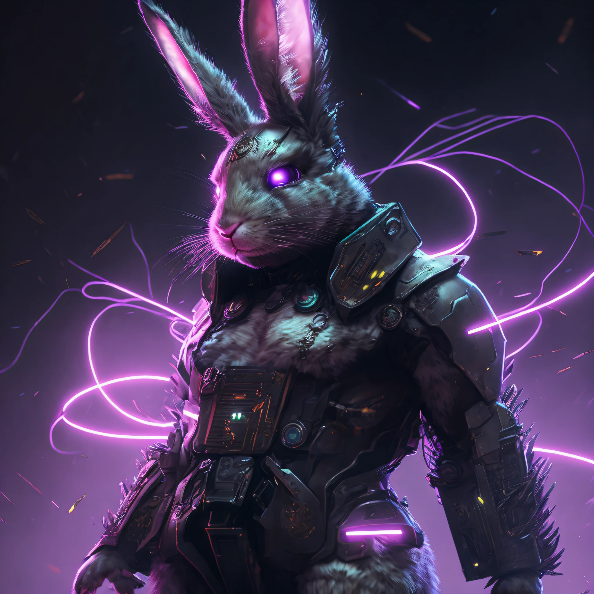 Mechanical bunny with glowing eyes, wearing a suit, cyborg horned bunny cyberpunk, electrixbunny, bunny warrior, wojtek fus, rabbit_character, bunny robot, bunnypunk, anthropomorphic bunny, epic sci-fi character art, cyberpunk pikachu, epic sci-fi character art, epic sci-fi character art, alice in wonderland cyberpunk