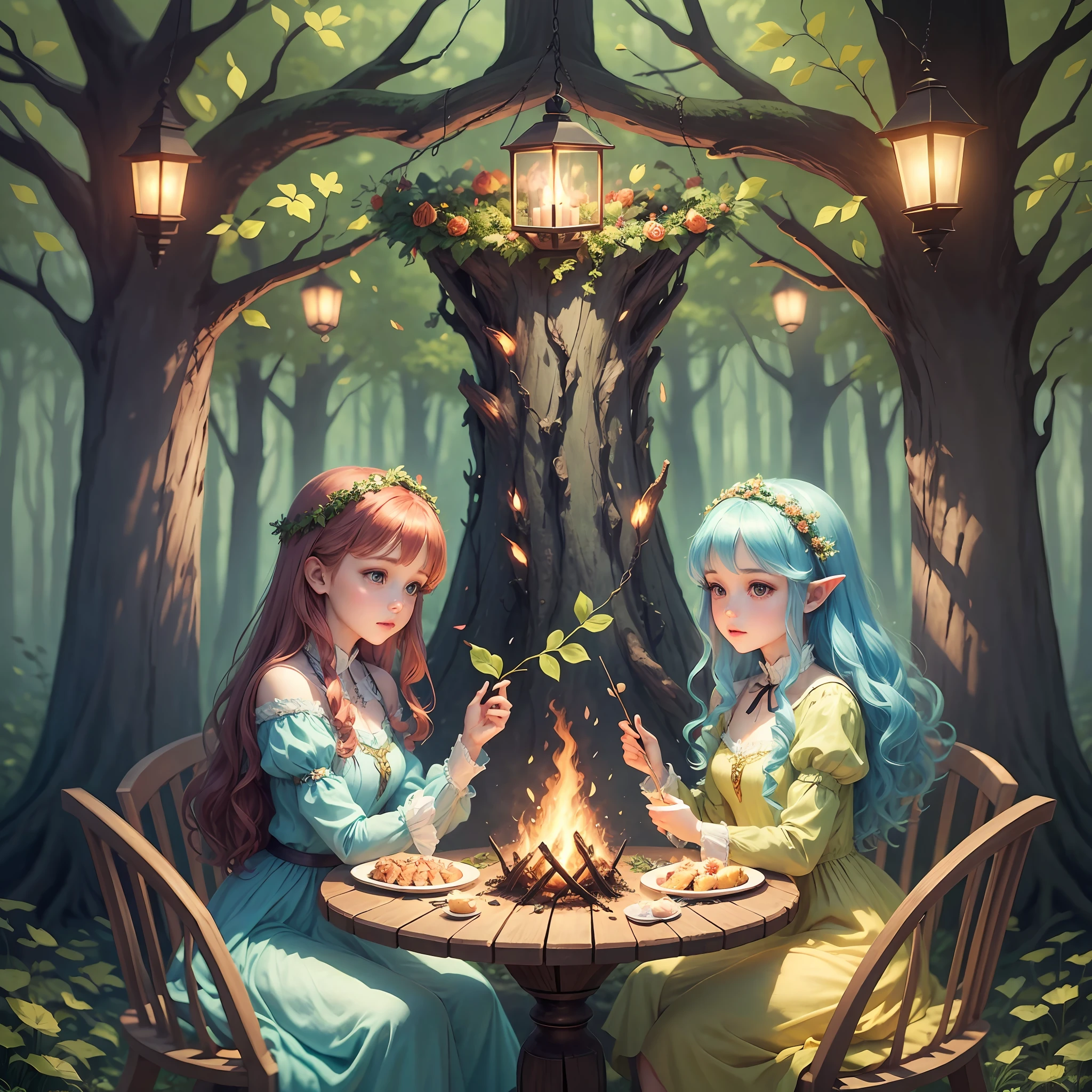 an enchanted forest, with 3 beautiful and delicate fairies, on a bonfire in the middle, eating, dining --auto --s2