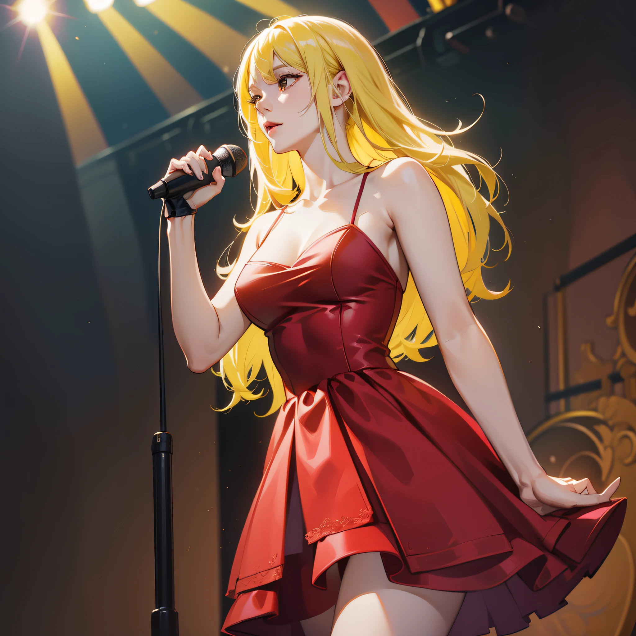 Female, yellow hair, delicate face wearing red dress, standing on stage, holding microphone, bust, HD