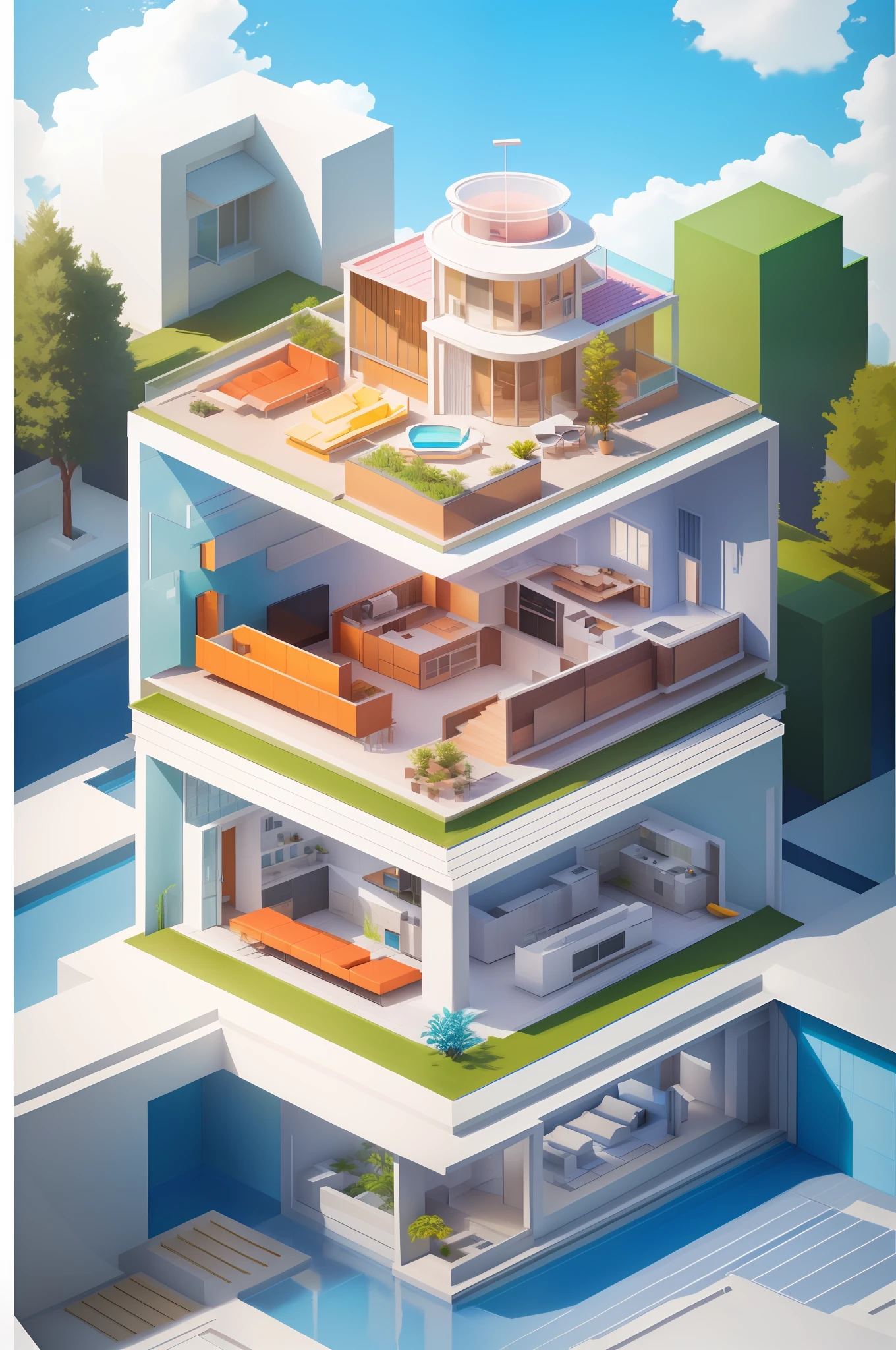 illustration of a modern house with a pool and a terrace, isometric 8k, isometric 3d render, isometric house, isometric illustration, incredible isometric screenshot, isometric illustration fun, isometric style, isometric invironment, isometric art, prerendered isometric graphics, stylized 3d render, very detailed isometric