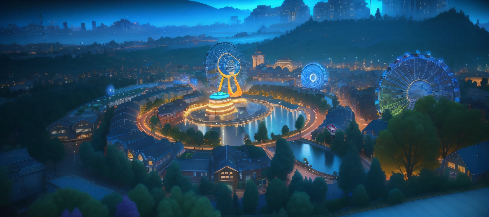 arafed view of a town with a ferris wheel and a ferris wheel, pixar rendering, detailed photo of virtual world, pixar film setting, screenshot from simcity pc game, pixar zootopia. 3 d rendering, disney render, nighttime foreground, town center background, render in pixar, sims 4 screenshot, nightime village background, resort