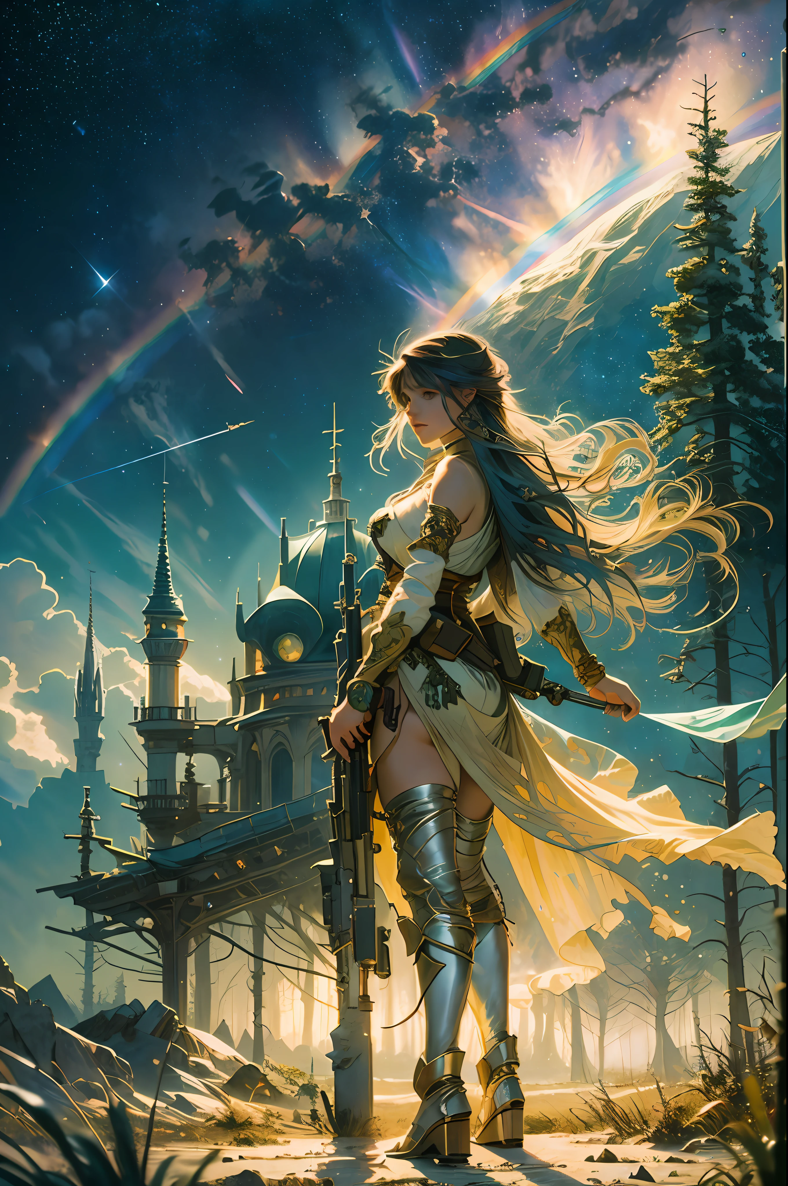 Best quality, best image quality, concept art, beautiful girl, pistol, full body, being a little far away, wilderness, night, starry sky, alphonse mucha, dream, rainbow, hope, dynamic composition, looking far away